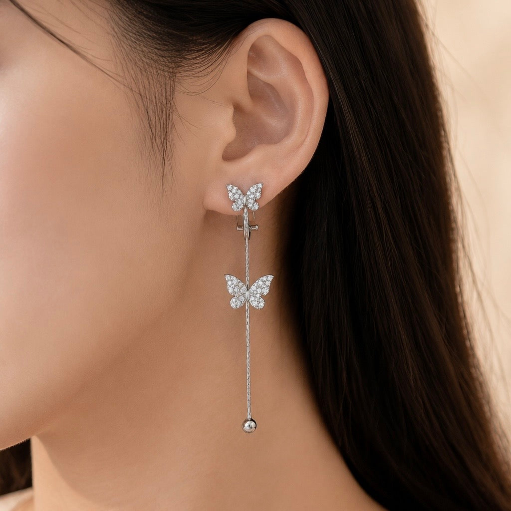 Double Butterfly Crystal Drop Tassel Clip-On Earrings