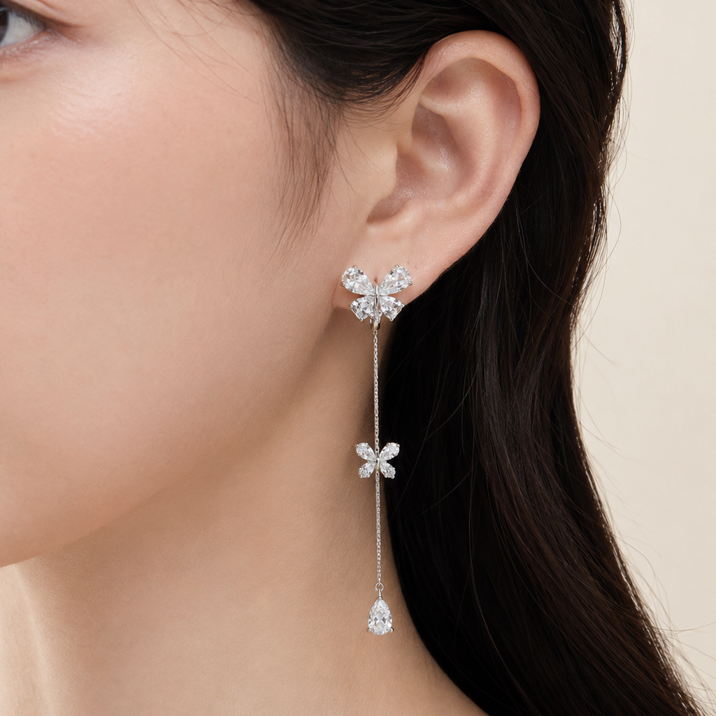 Crystal Butterfly Teardrop Tassel Clip-On Earrings