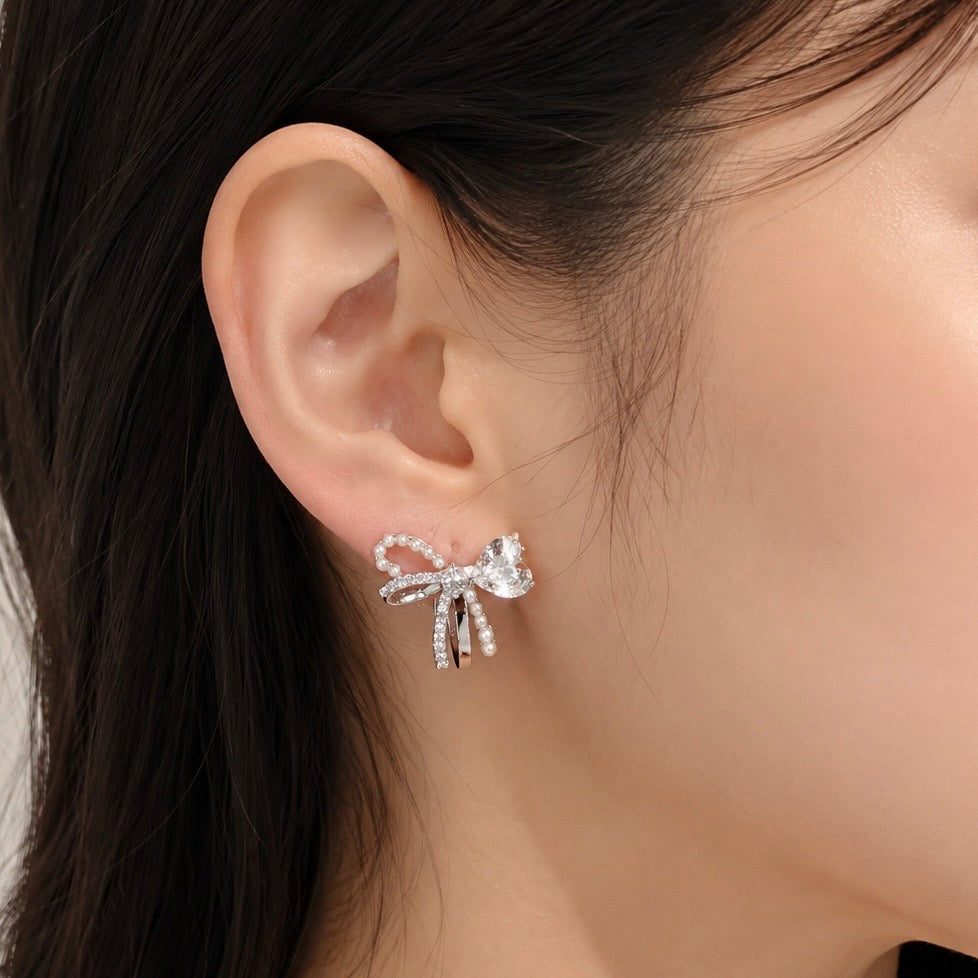 Pearl & Crystal Split Bow Clip-On Earrings