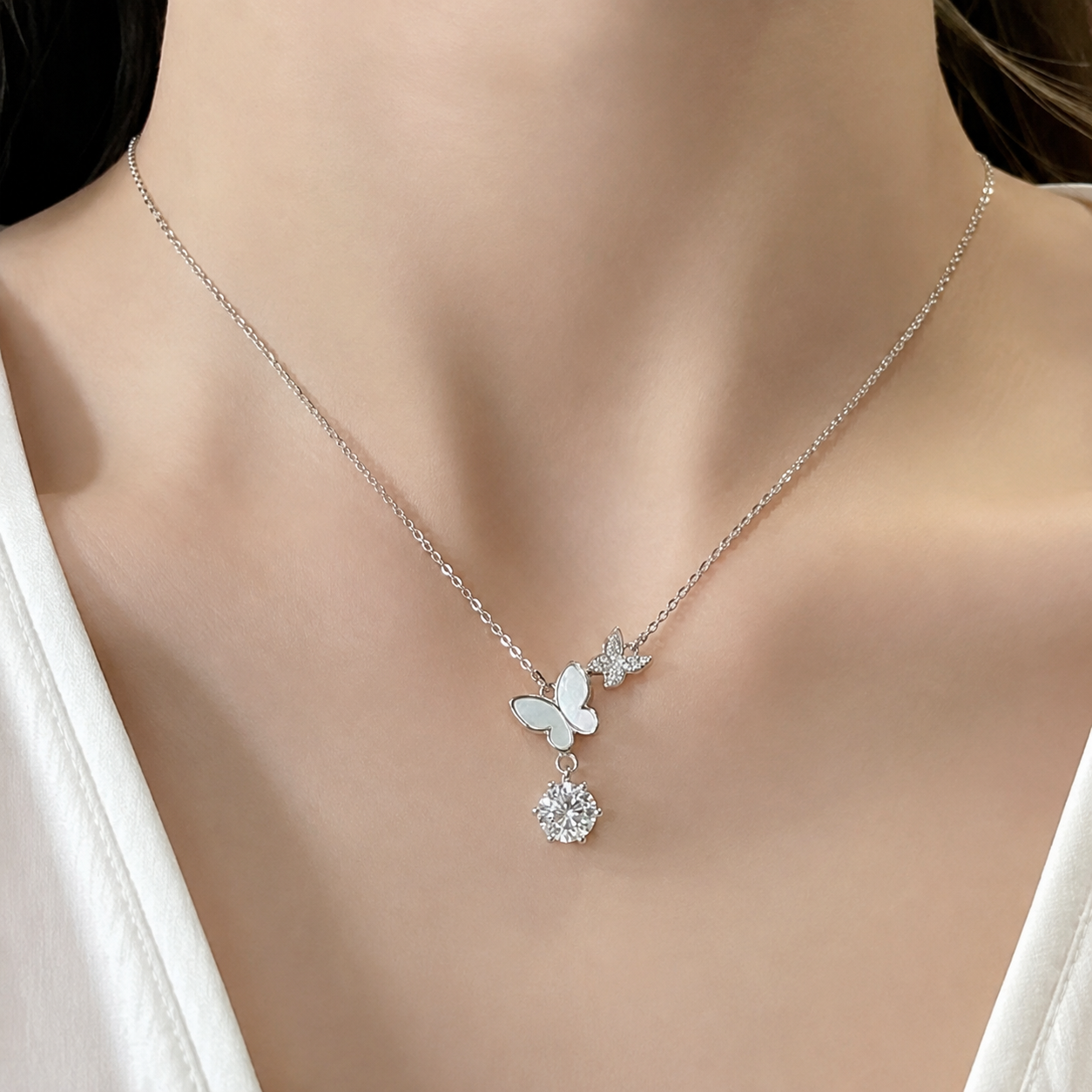 Mother of Pearl Butterfly Moissanite 925 Silver Necklace