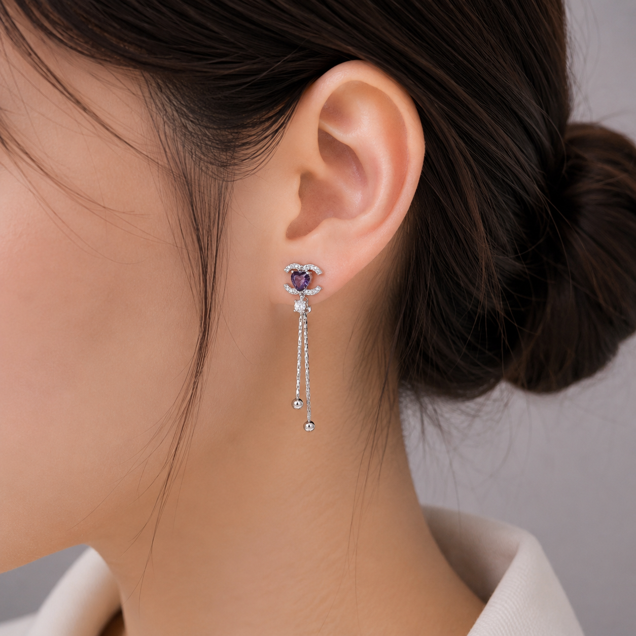 Lavender Heart Chain Stud Tassel Earrings