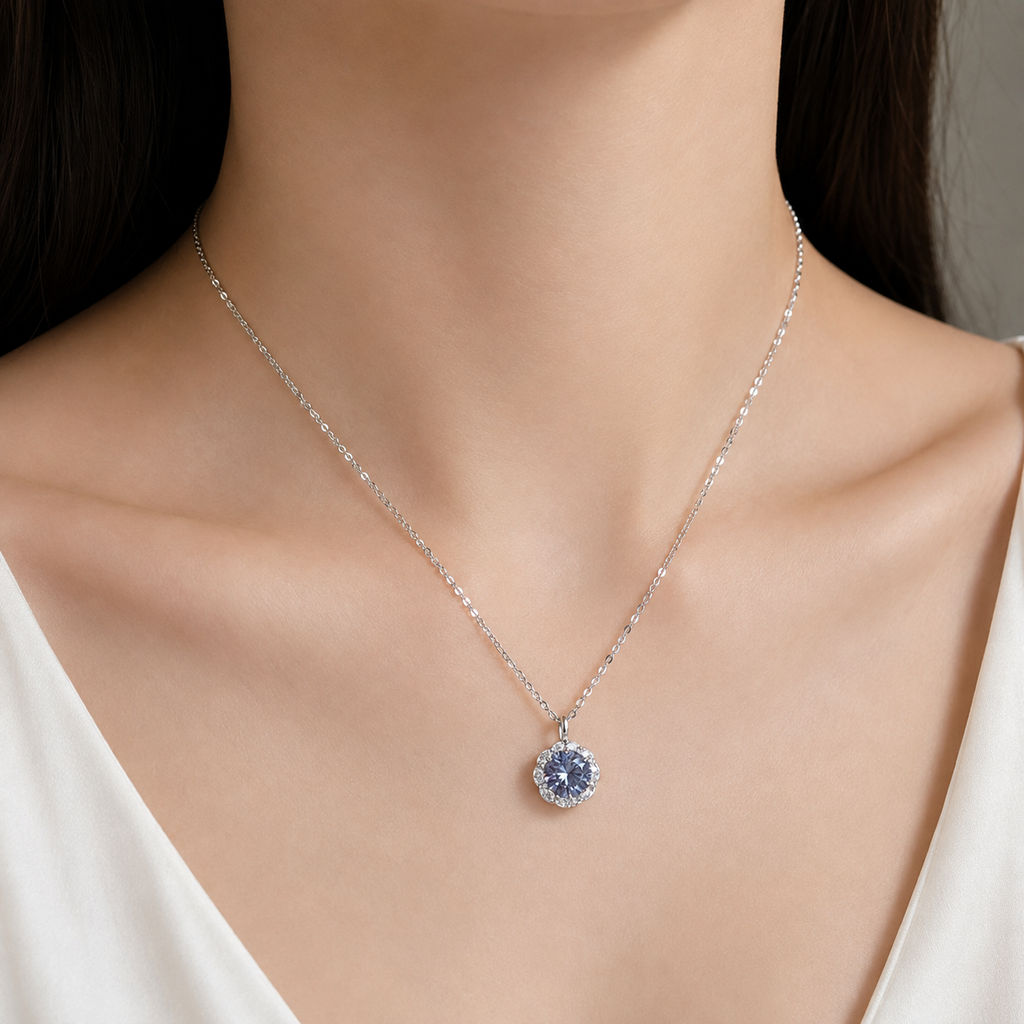 Icy Lavender Blue Luna Halo Moissanite 925 Silver Necklace