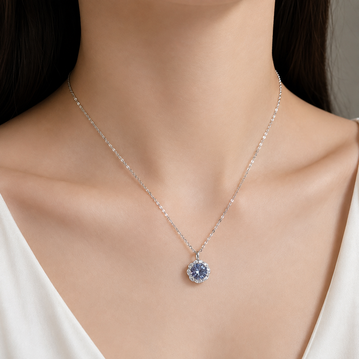 Icy Lavender Blue Luna Halo Moissanite 925 Silver Necklace