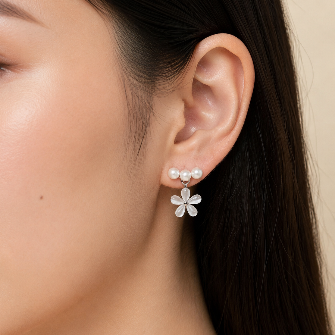 Pearl Bloom Cat Eye Clip-On Earrings