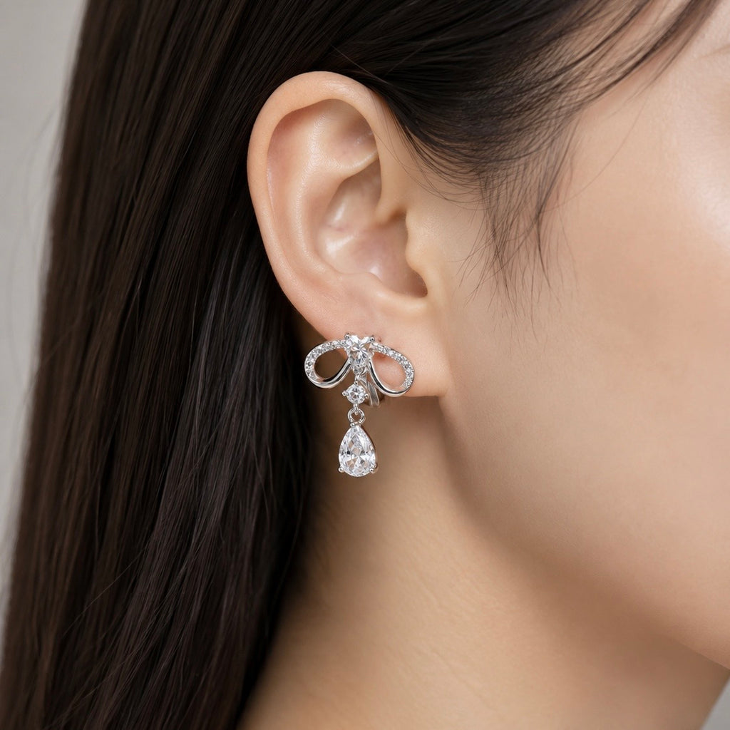 Crystal Bow Teardrop Clip-On Earrings