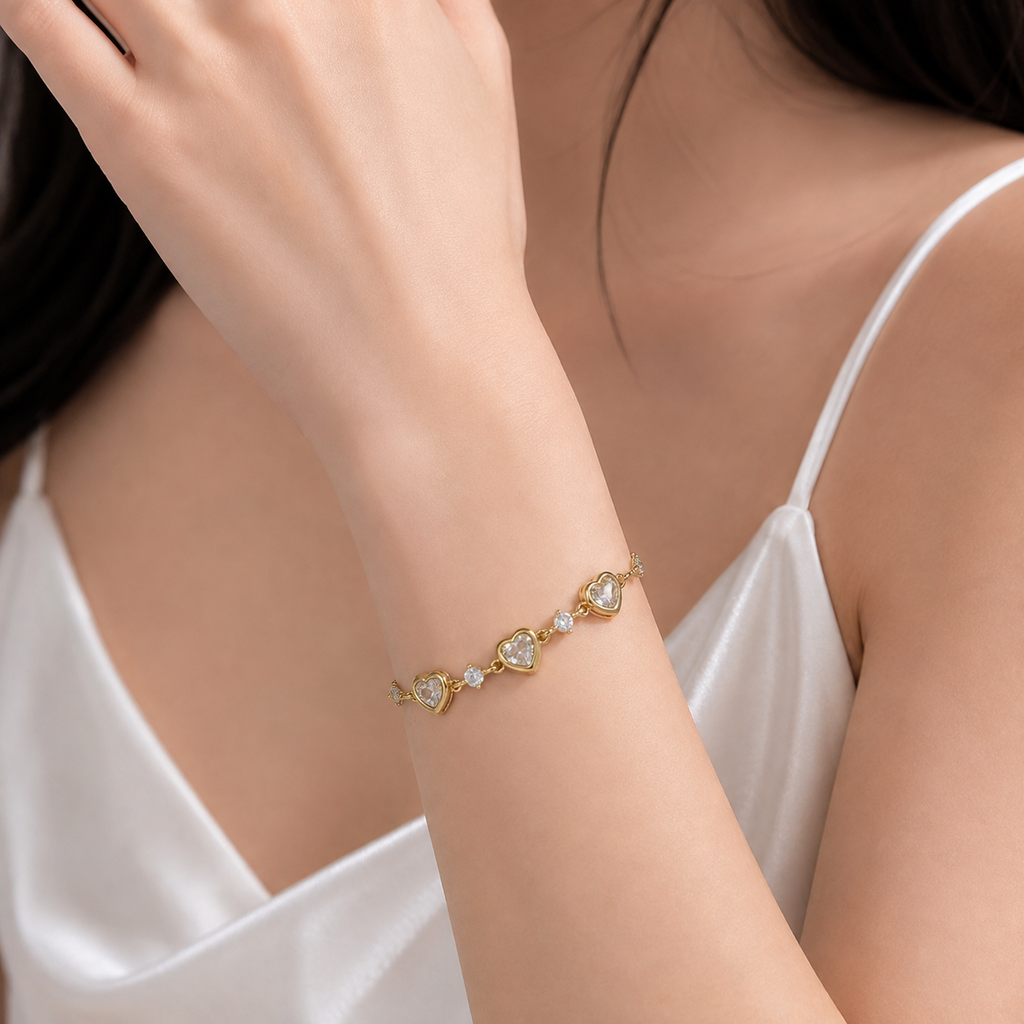 Trio Heart Crystal Bracelet (Gold)