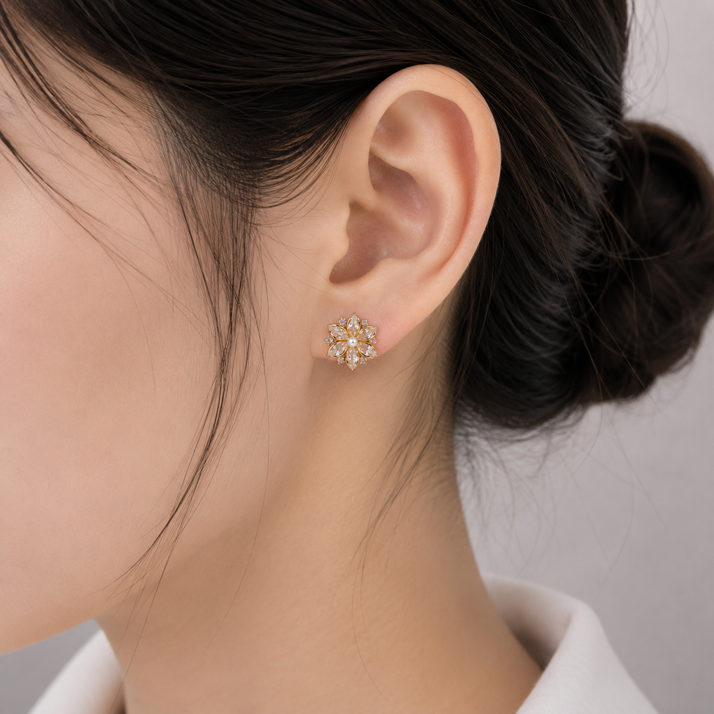 Golden Blossom Pearl Stud Earrings