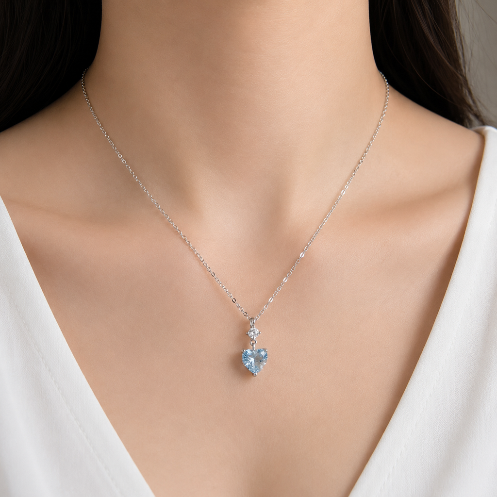 Celeste Blue Heart Moissanite 925 Silver Necklace