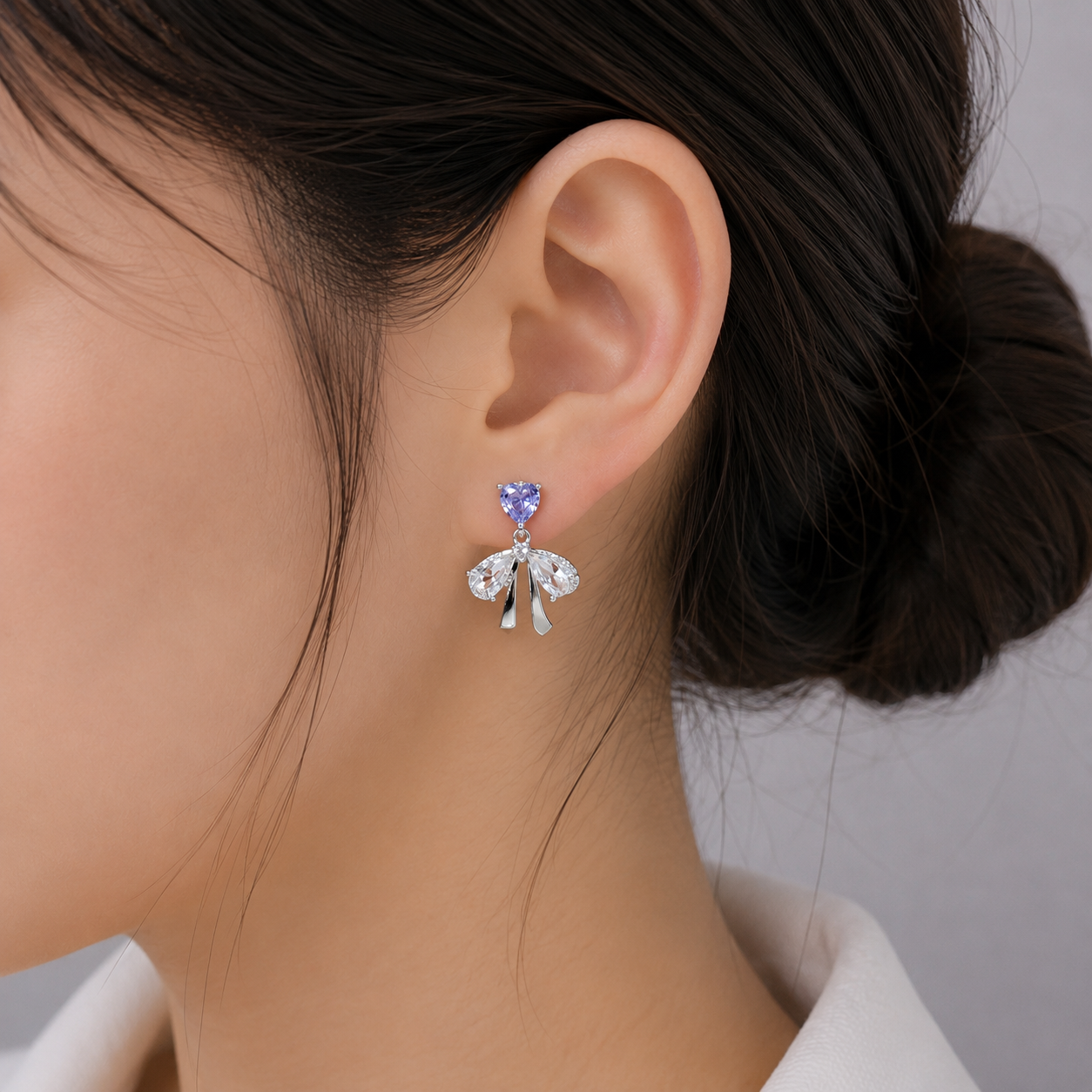 Lavender Heart Bow Drop Stud Earrings