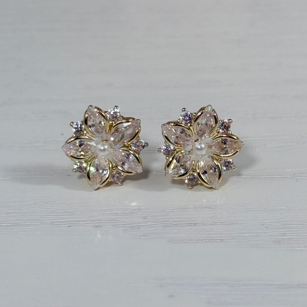 Golden Blossom Pearl Stud Earrings