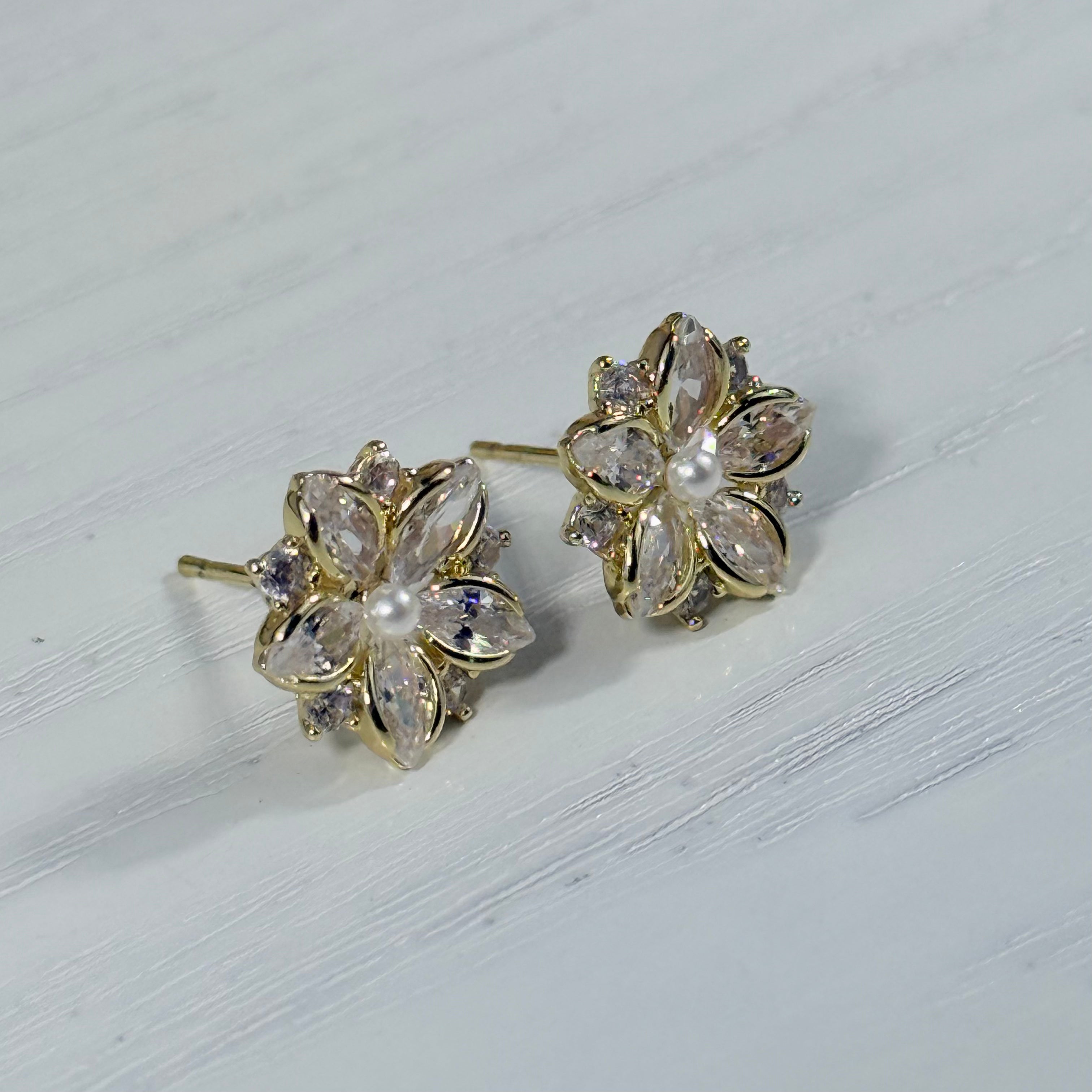 Golden Blossom Pearl Stud Earrings