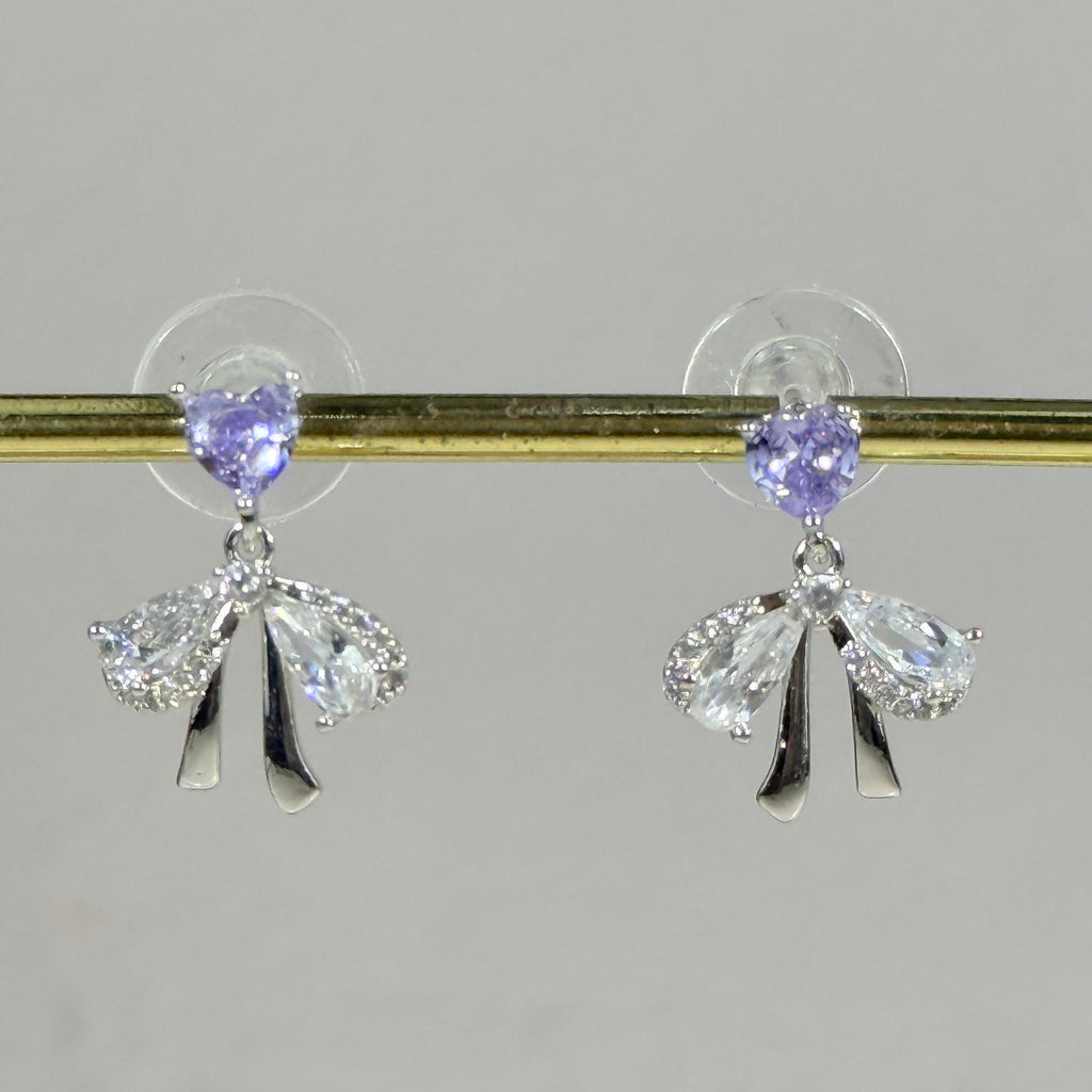 Lavender Heart Bow Drop Stud Earrings