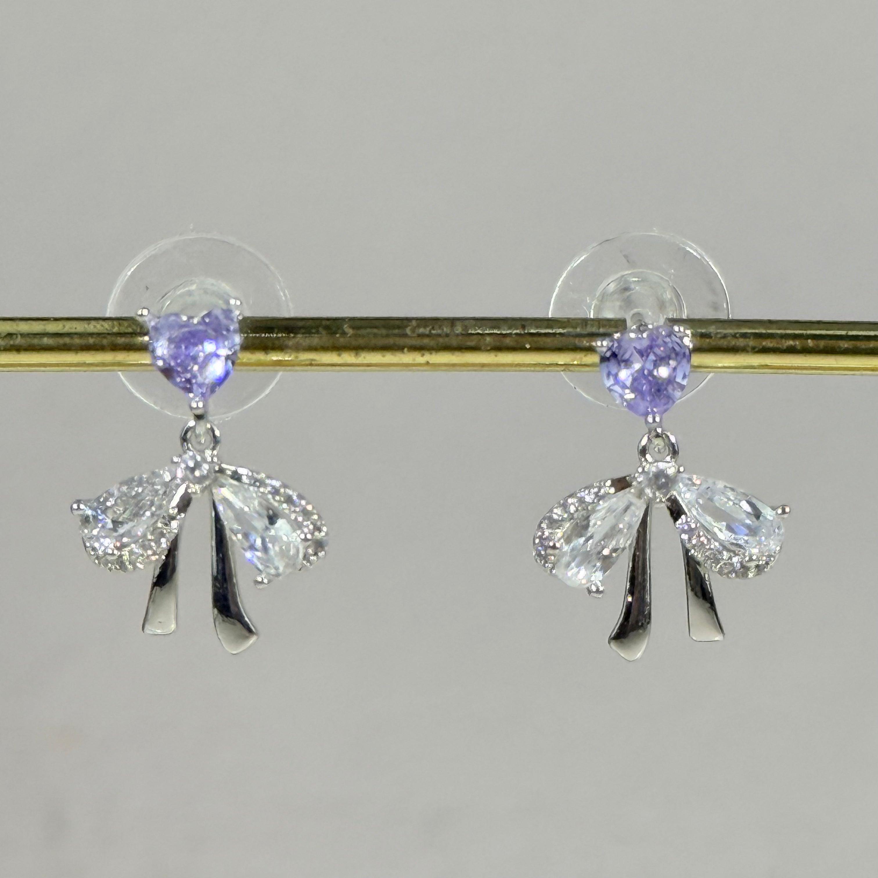 Lavender Heart Bow Drop Stud Earrings