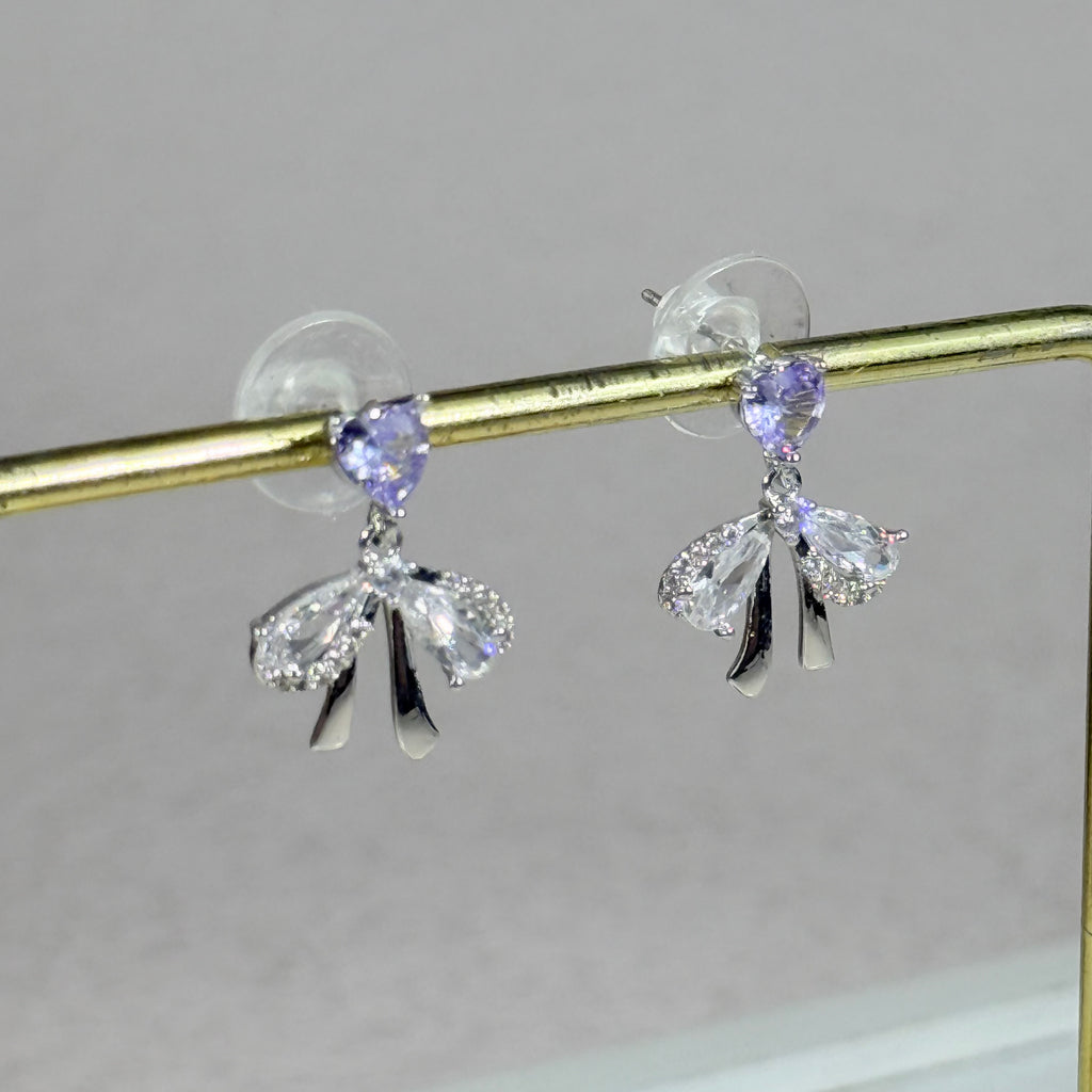 Lavender Heart Bow Drop Stud Earrings