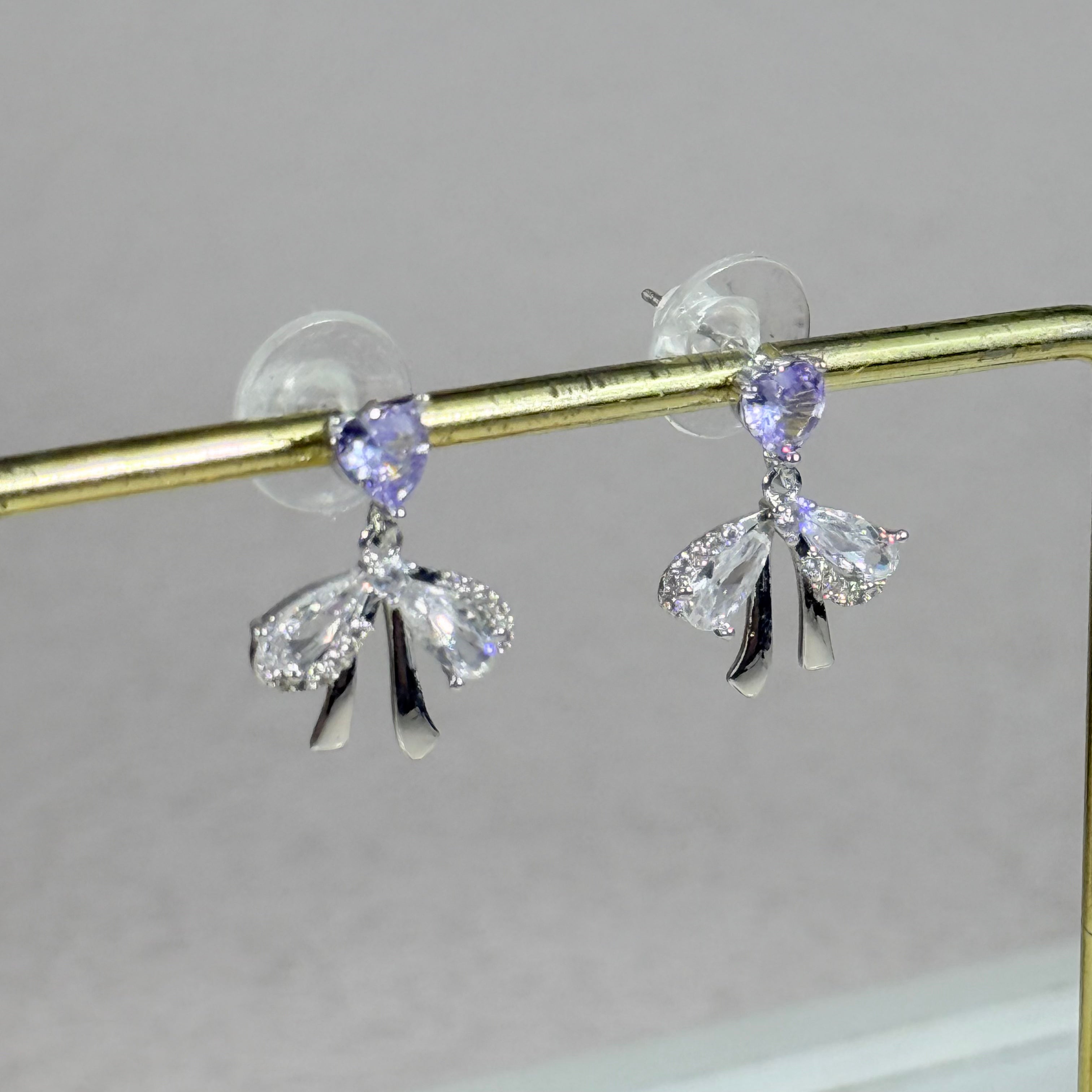 Lavender Heart Bow Drop Stud Earrings