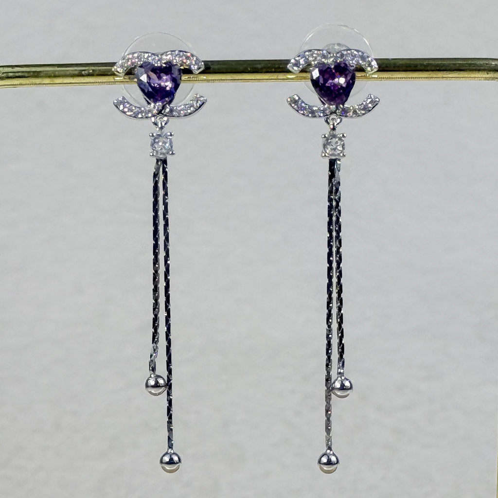 Lavender Heart Chain Stud Tassel Earrings