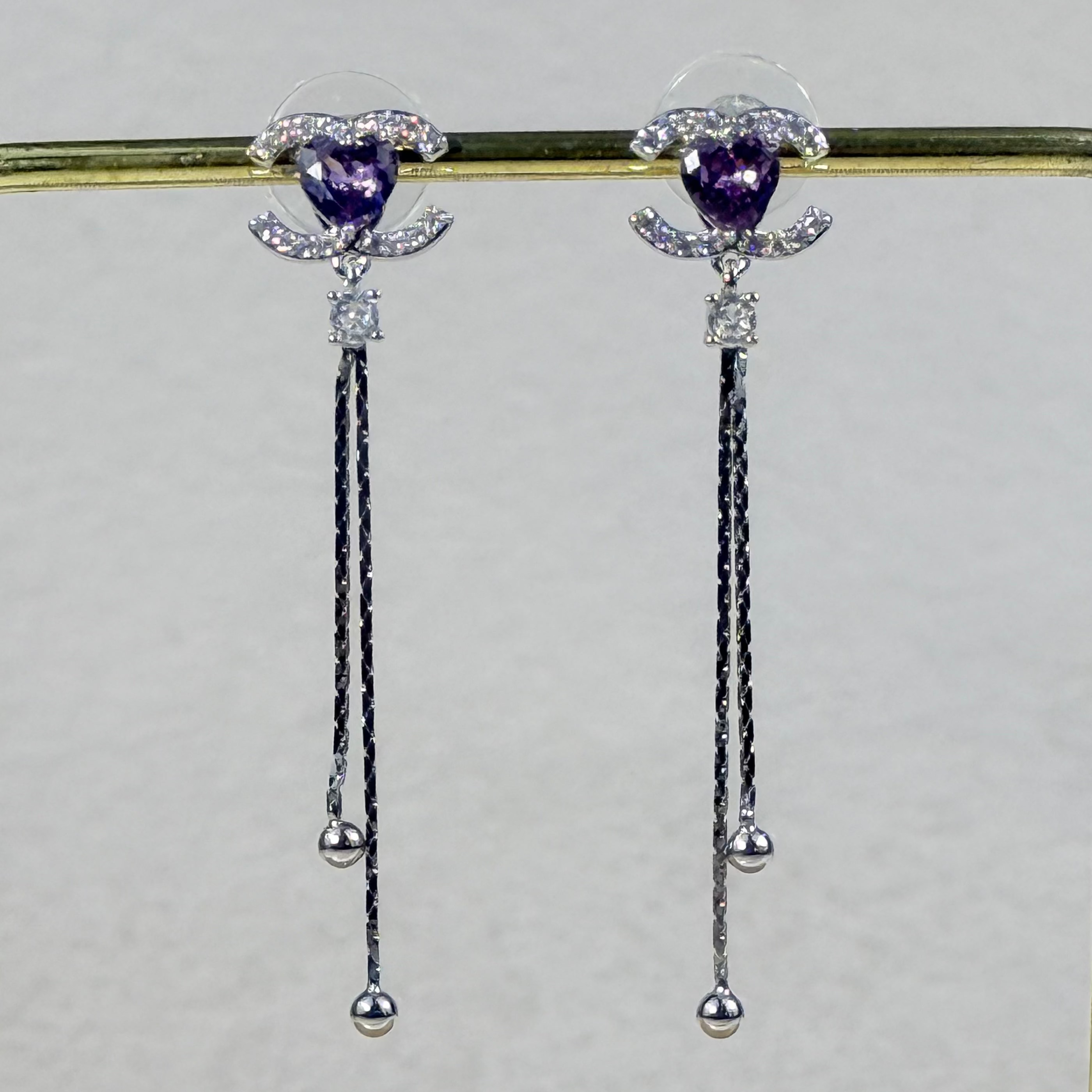 Lavender Heart Chain Stud Tassel Earrings
