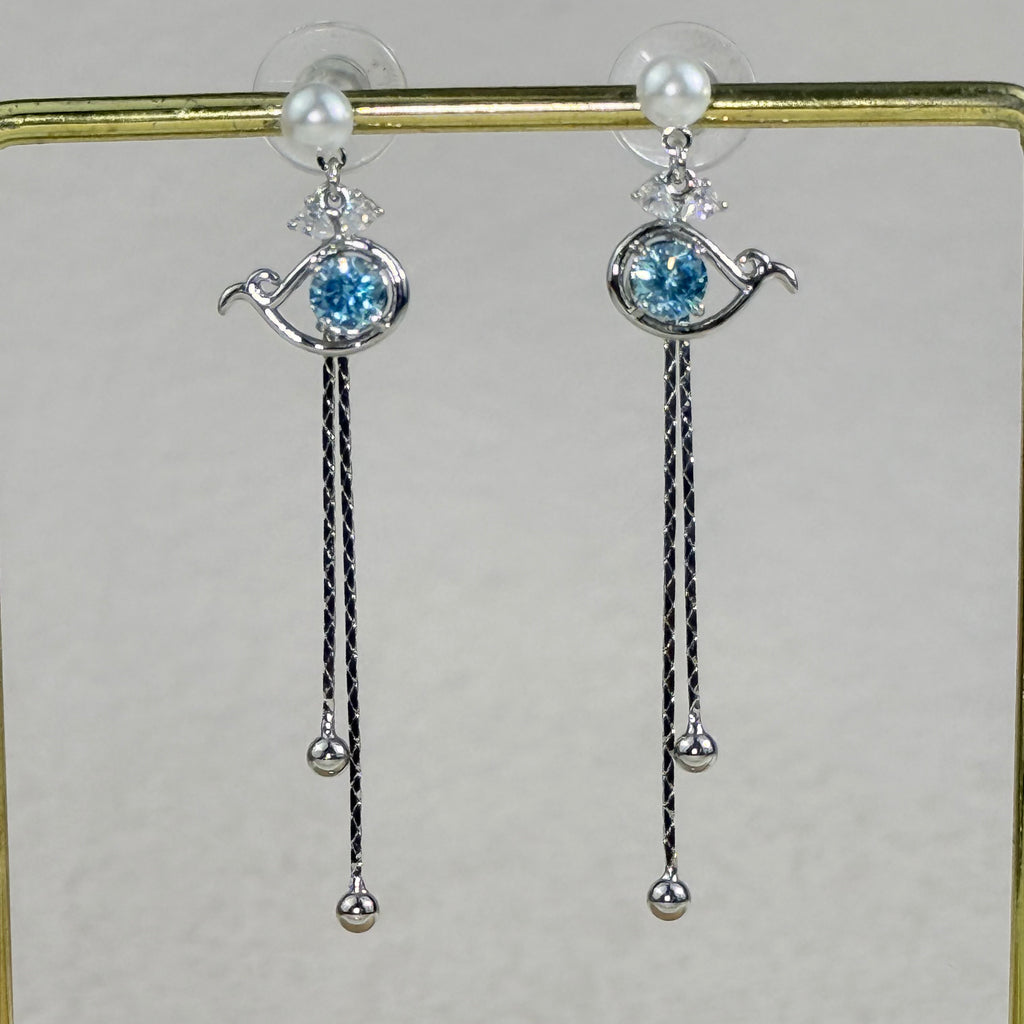 Pearl Blue Crystal Stud Tassel Earrings