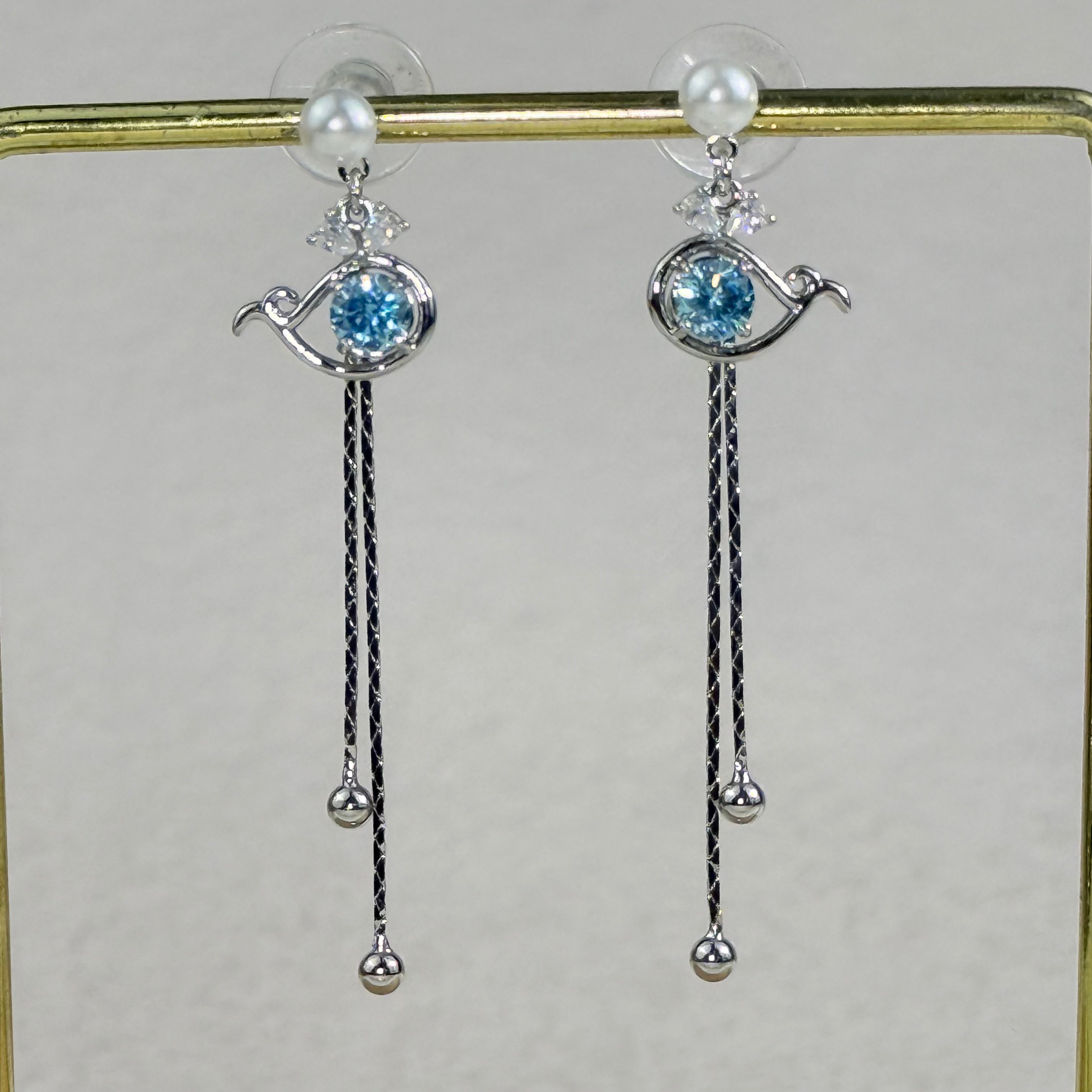 Pearl Blue Crystal Stud Tassel Earrings
