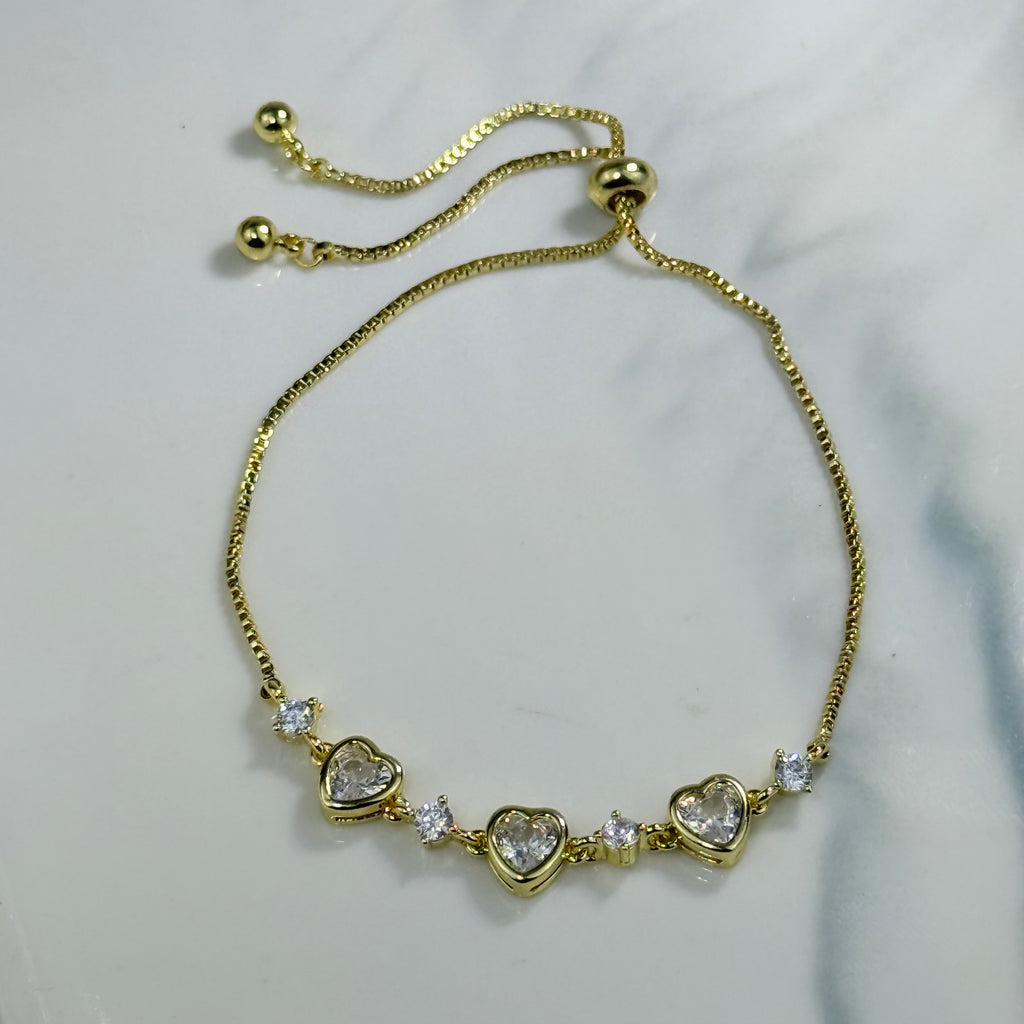 Trio Heart Crystal Bracelet (Gold)