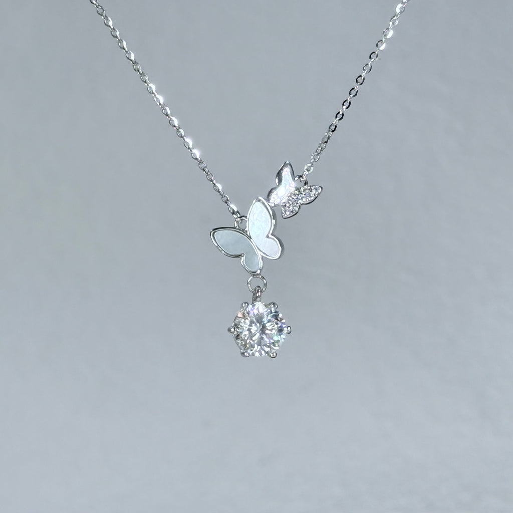Mother of Pearl Butterfly Moissanite 925 Silver Necklace