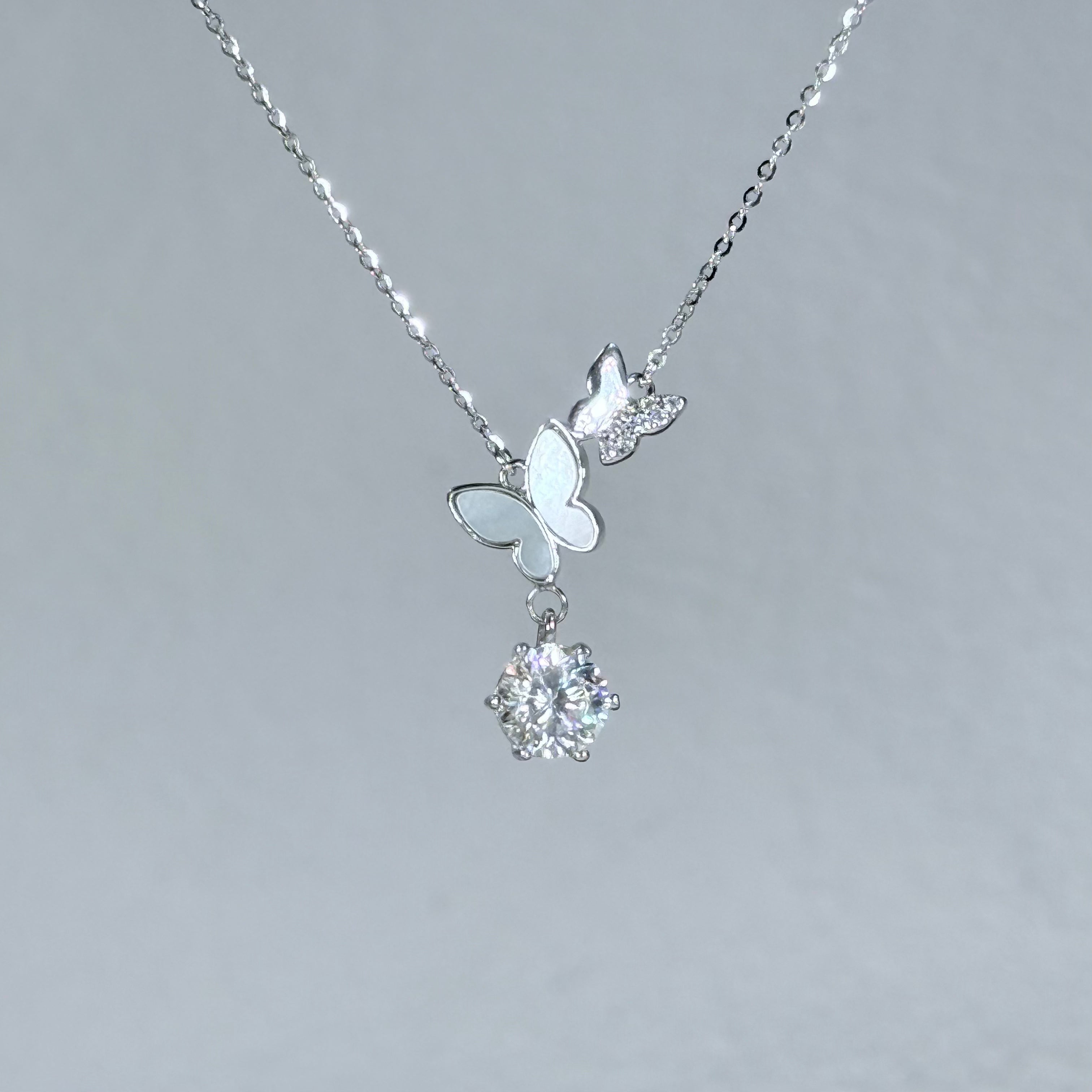 Mother of Pearl Butterfly Moissanite 925 Silver Necklace