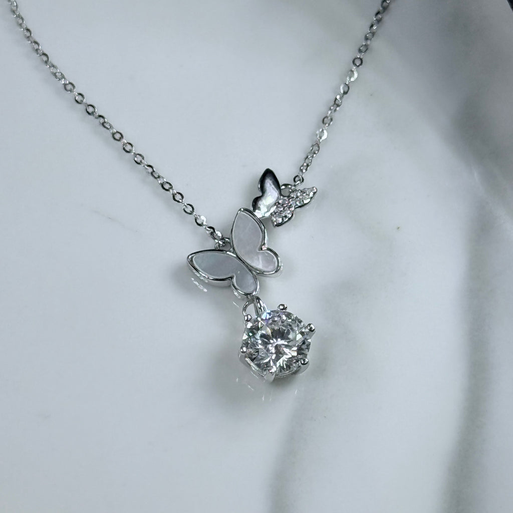 Mother of Pearl Butterfly Moissanite 925 Silver Necklace
