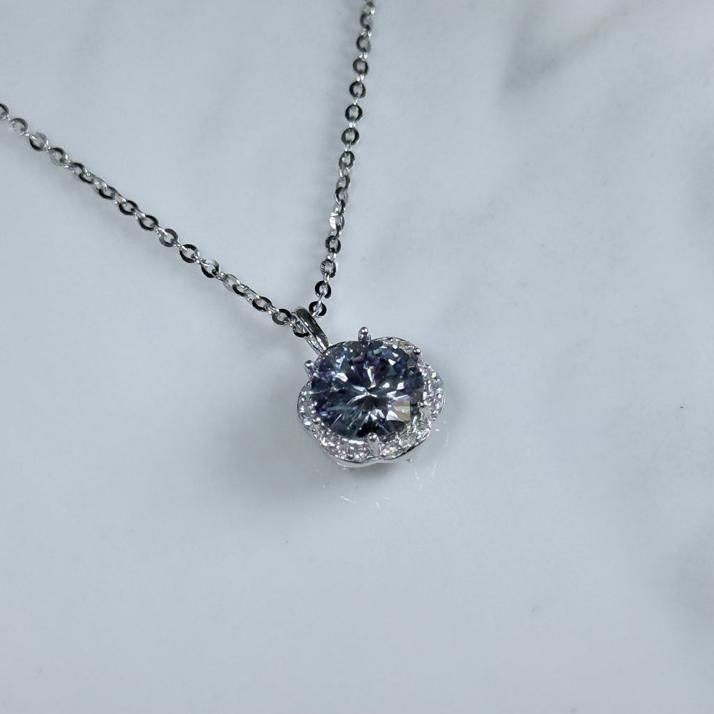 Icy Lavender Blue Luna Halo Moissanite 925 Silver Necklace
