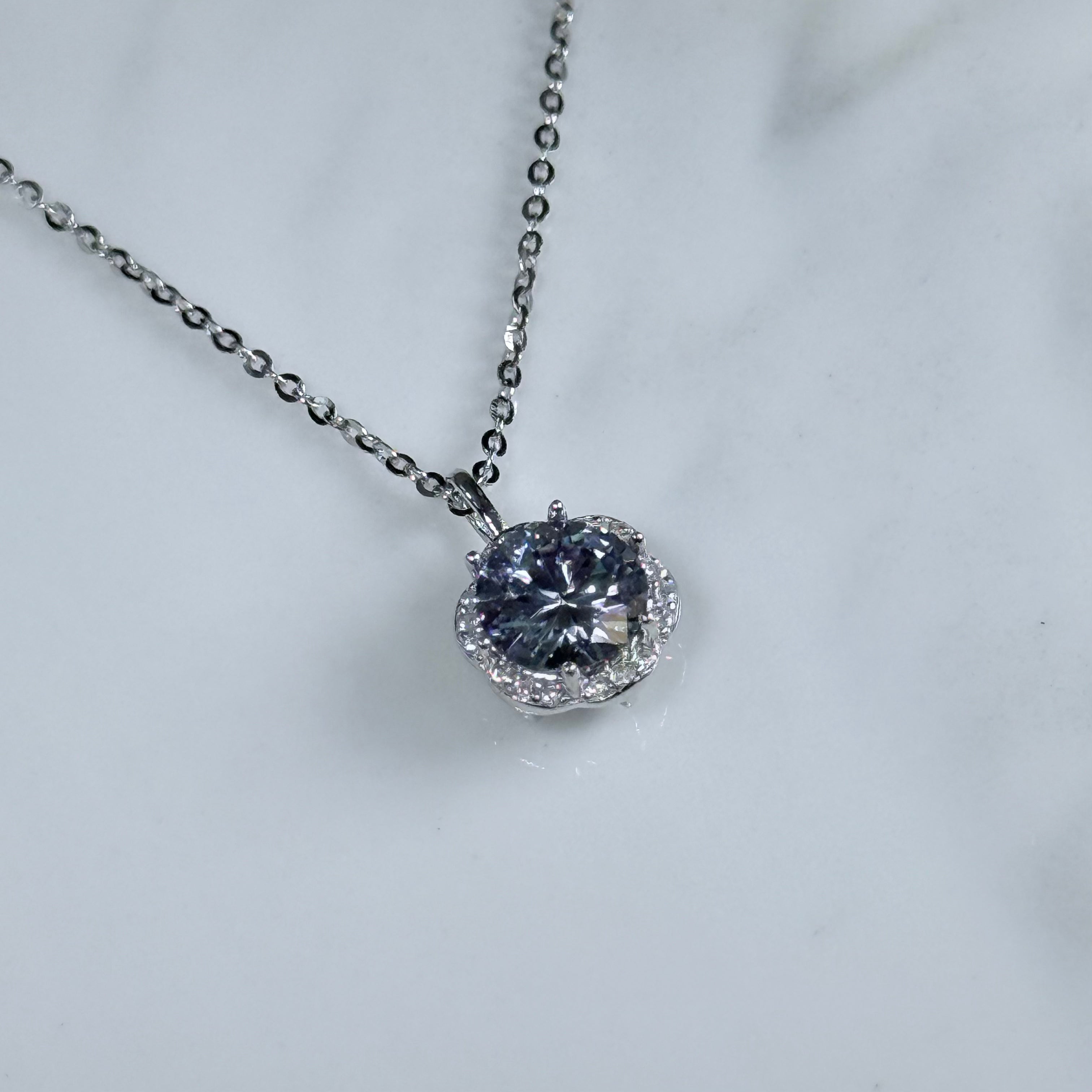Icy Lavender Blue Luna Halo Moissanite 925 Silver Necklace