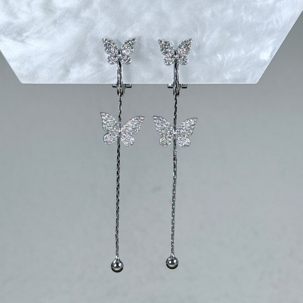 Double Butterfly Crystal Drop Tassel Clip-On Earrings