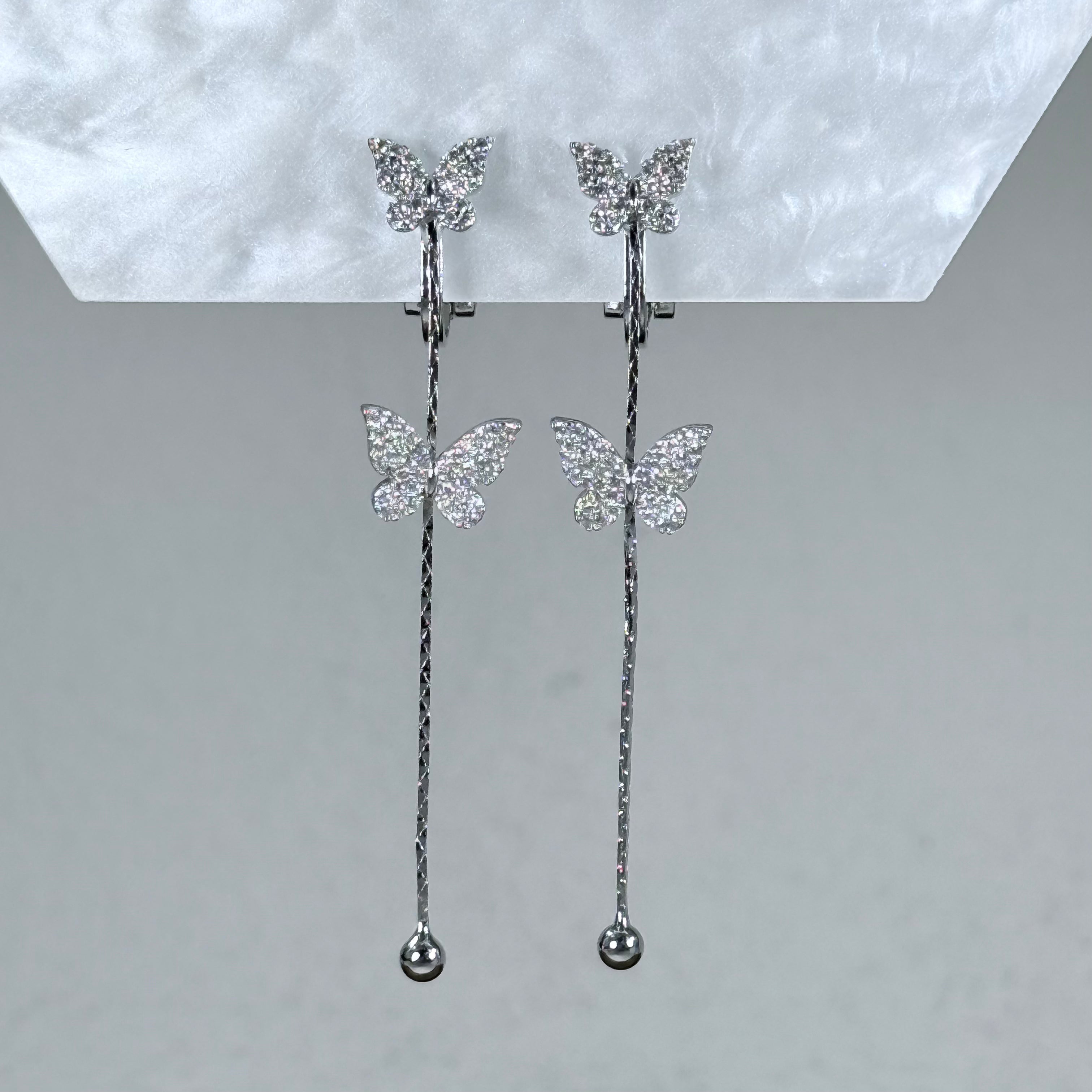 Double Butterfly Crystal Drop Tassel Clip-On Earrings