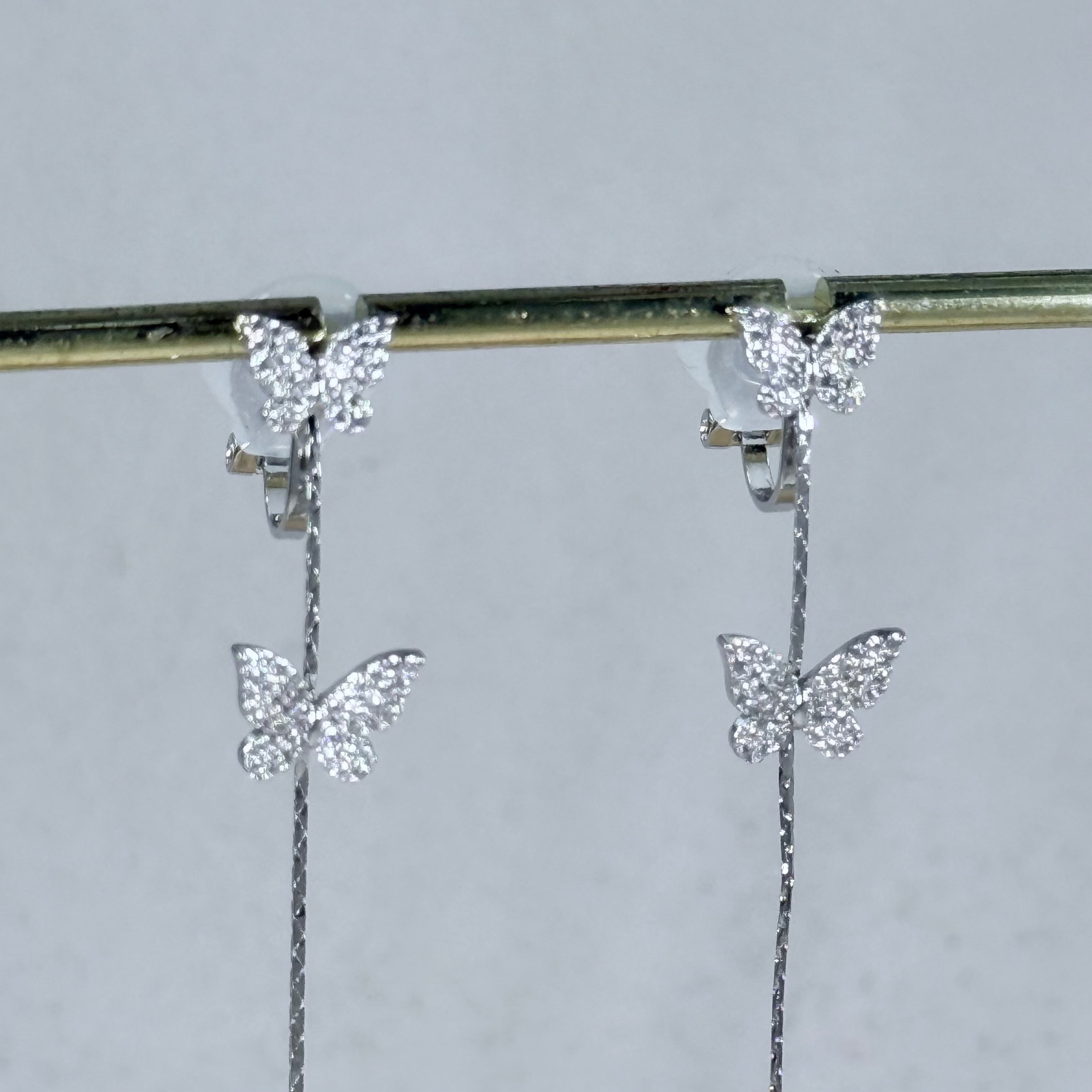 Double Butterfly Crystal Drop Tassel Clip-On Earrings