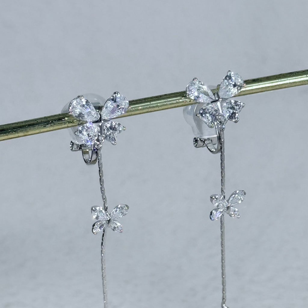 Crystal Butterfly Teardrop Tassel Clip-On Earrings