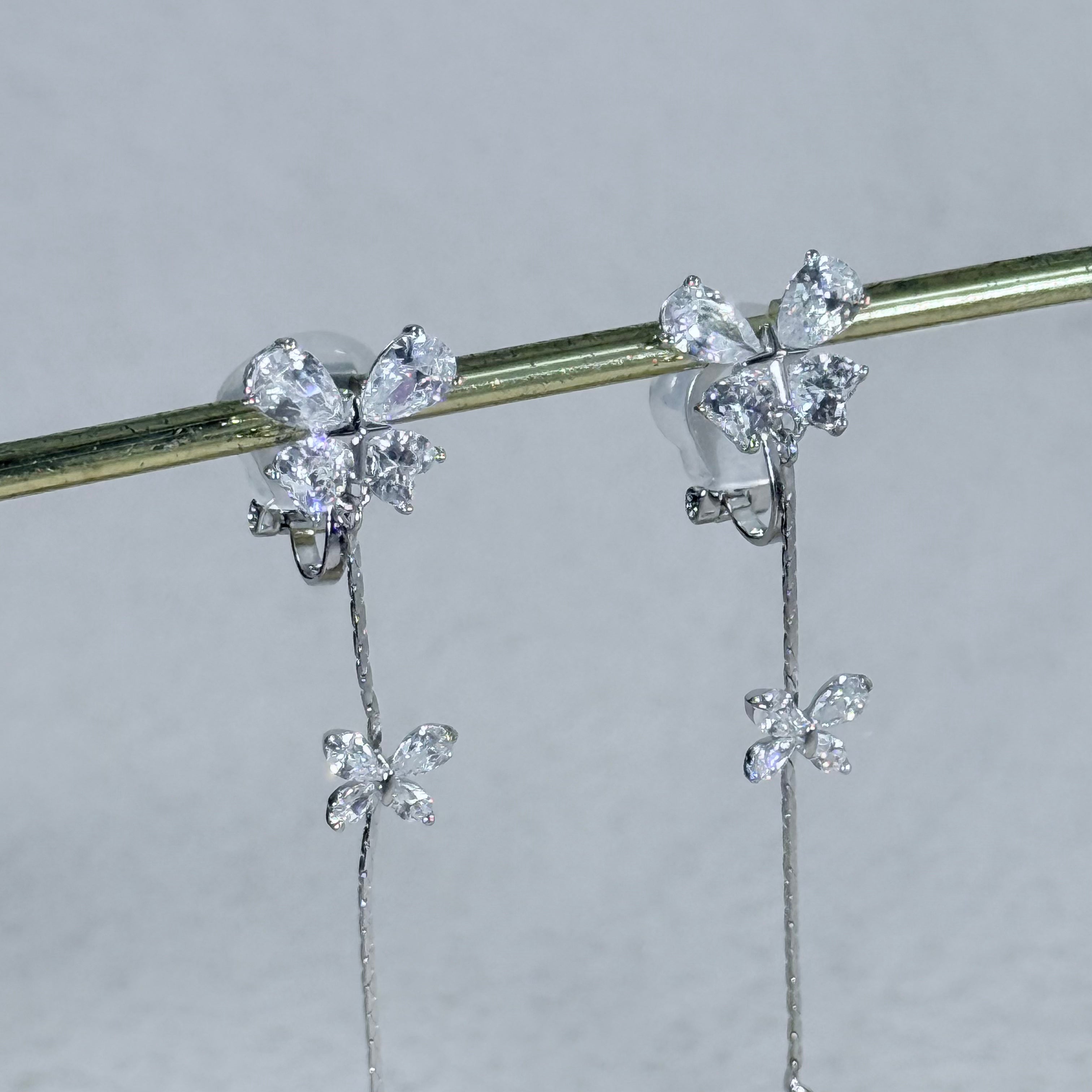 Crystal Butterfly Teardrop Tassel Clip-On Earrings