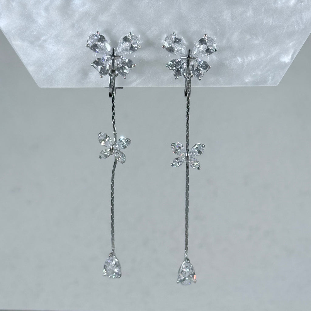Crystal Butterfly Teardrop Tassel Clip-On Earrings