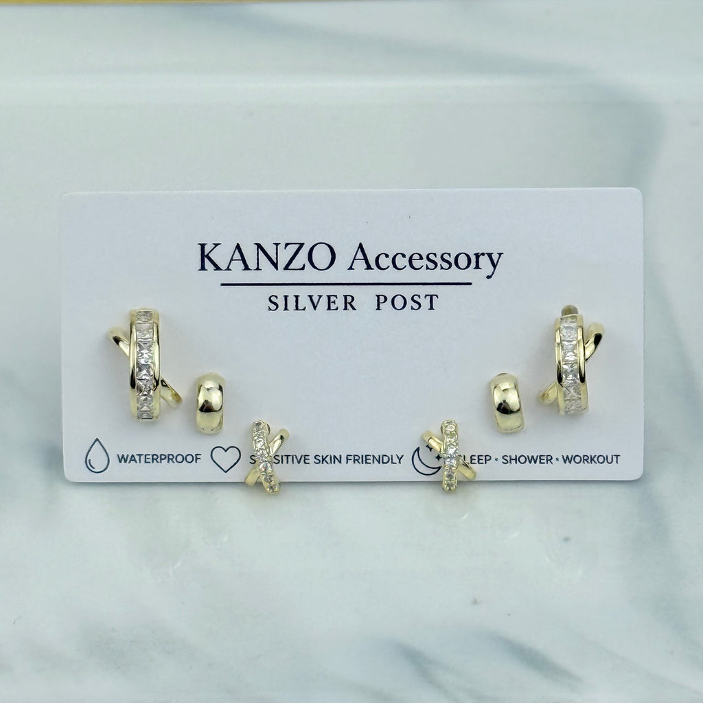 Twist 3-Pair Stud Earring Set (Gold）