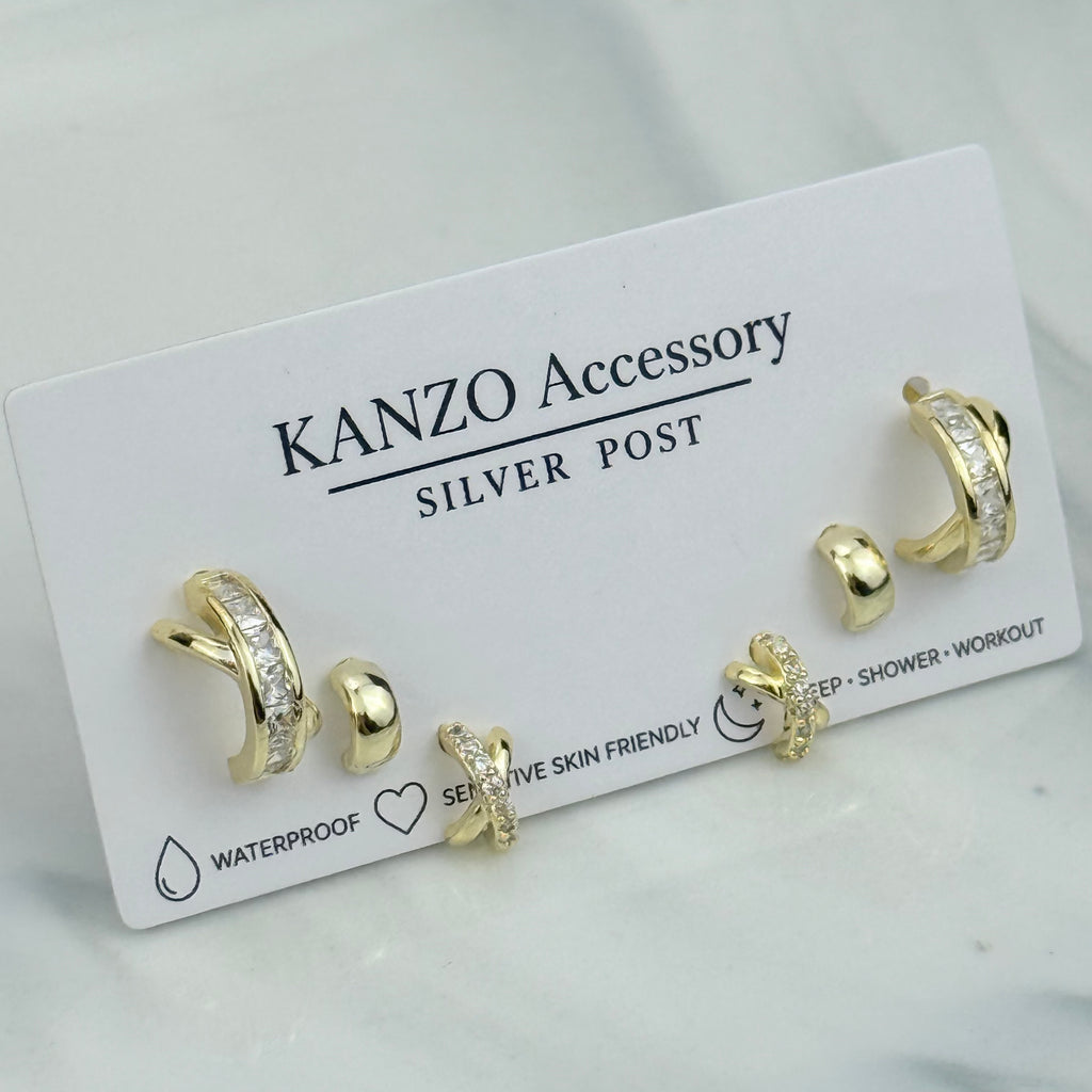 Twist 3-Pair Stud Earring Set (Gold）