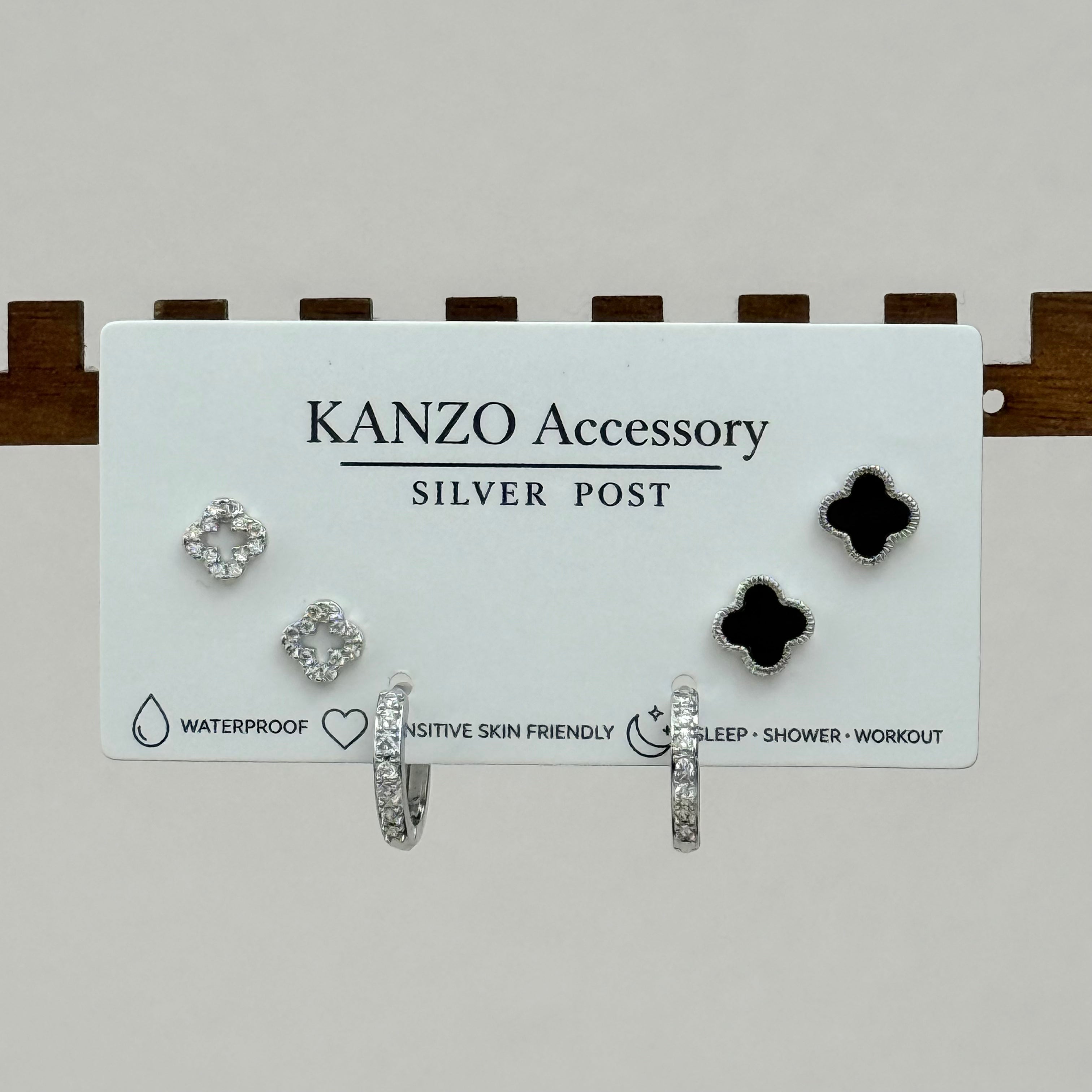 Black & Silver Clover 3-Pair Mixed Earring Set