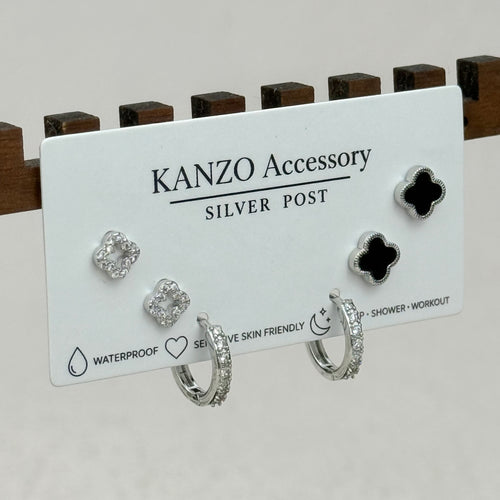 Black & Silver Clover 3-Pair Mixed Earring Set