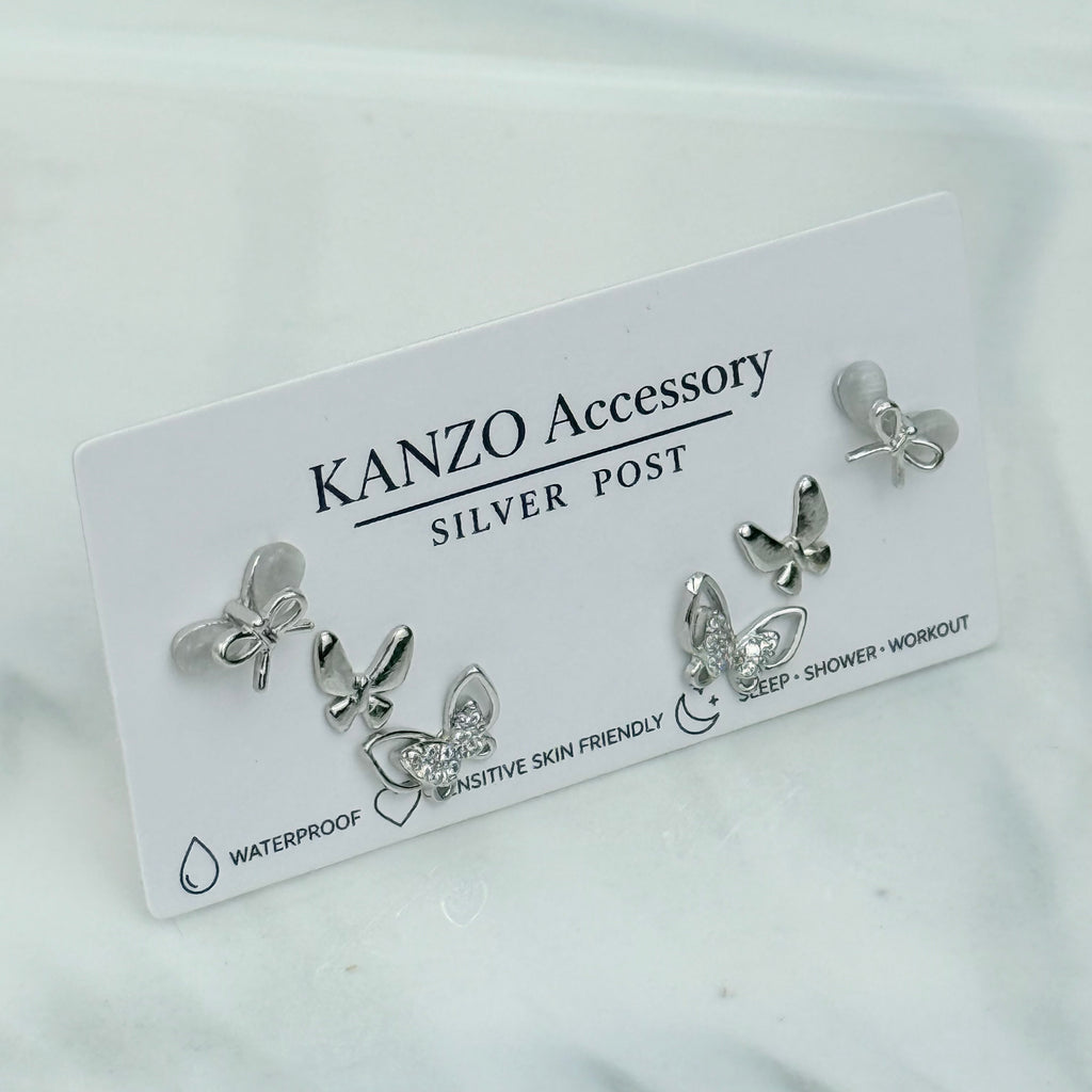 Butterfly Charm 3-Pair Stud Earring Set