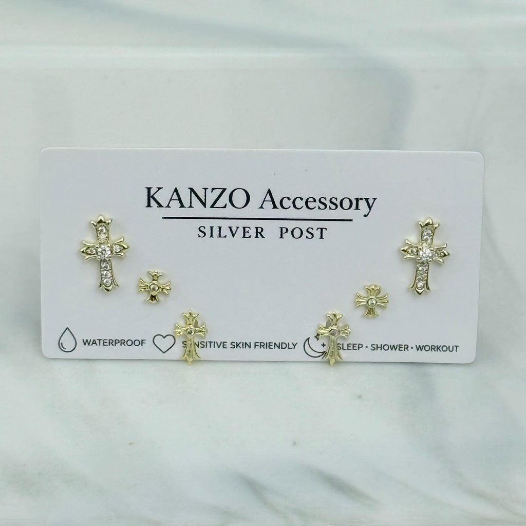 Cross Charm 3-Pair Stud Earring Set (Gold）