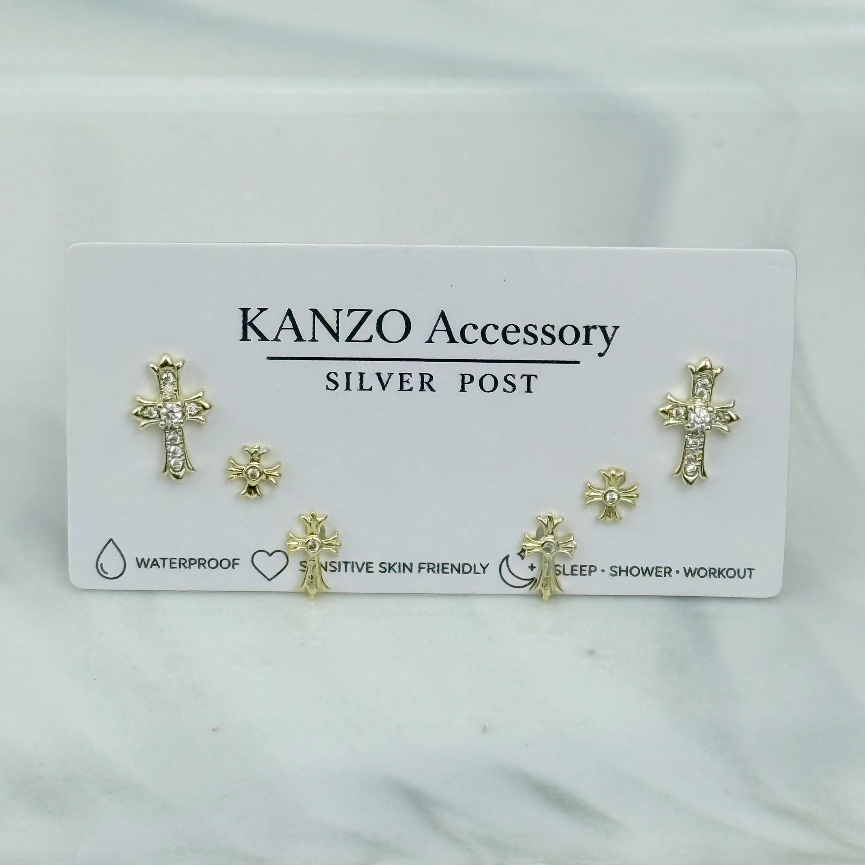 Cross Charm 3-Pair Stud Earring Set (Gold）