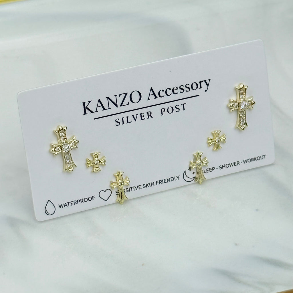 Cross Charm 3-Pair Stud Earring Set (Gold）