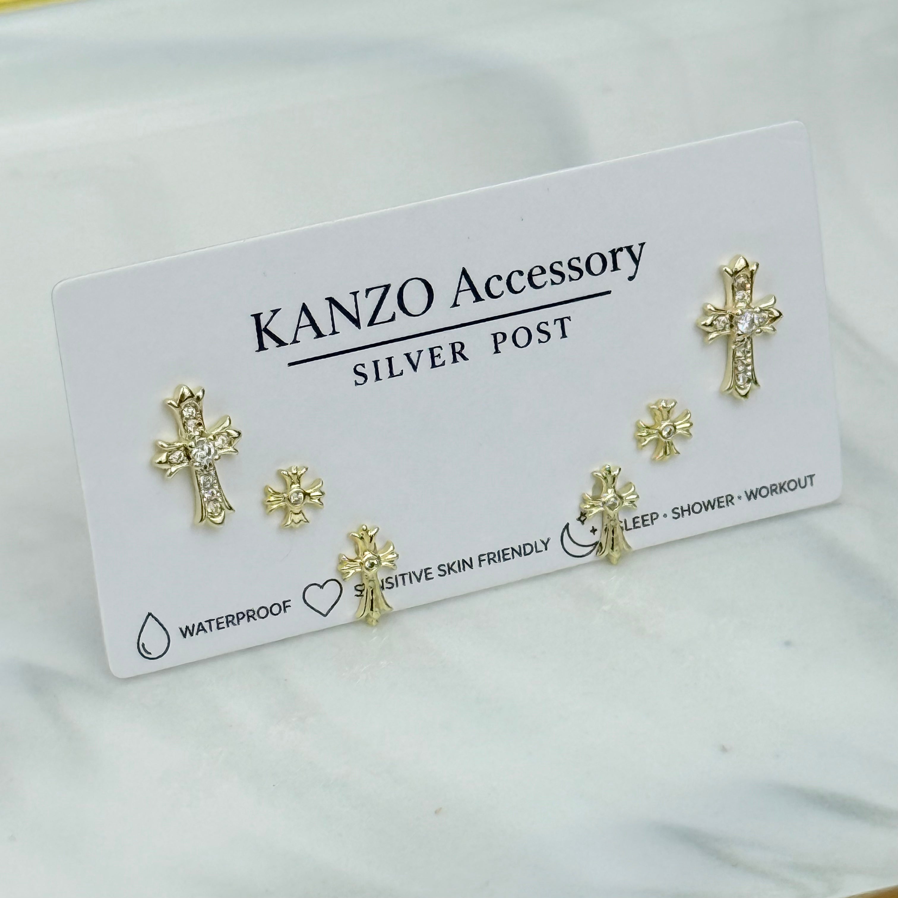 Cross Charm 3-Pair Stud Earring Set (Gold）