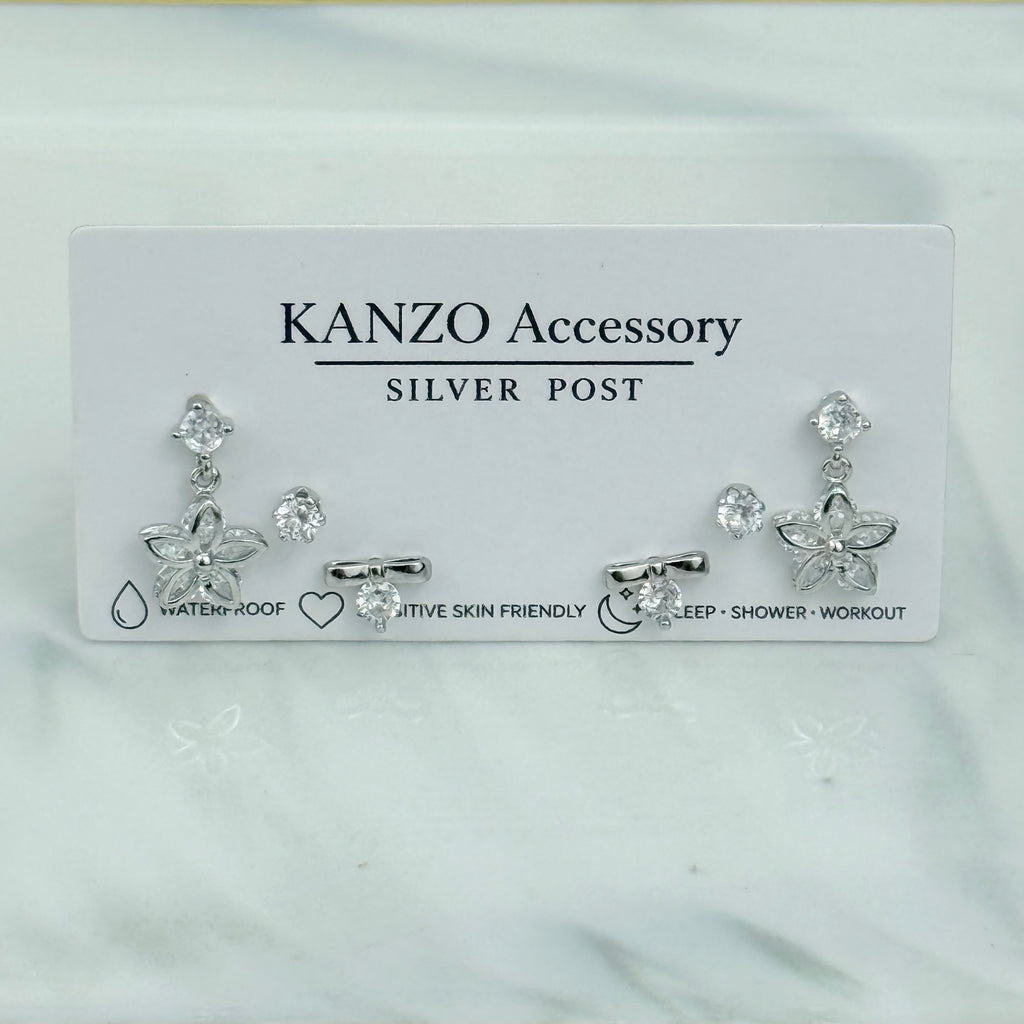 Crystal Drop Blossom 3-Pair Stud Earring Set