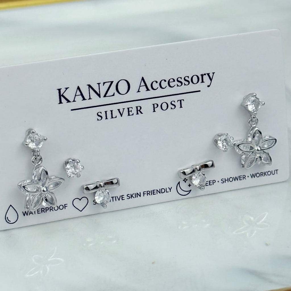 Crystal Drop Blossom 3-Pair Stud Earring Set