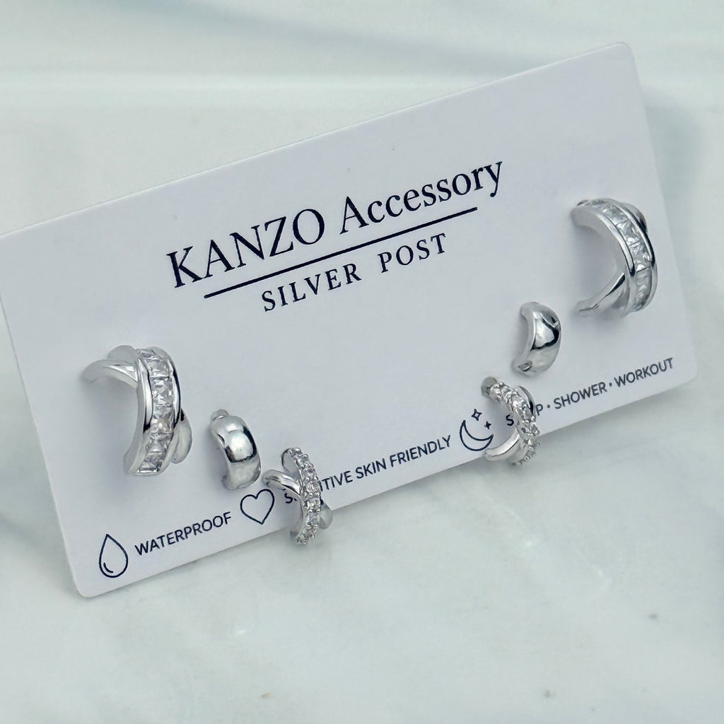 Twist 3-Pair Stud Earring Set (Silver）