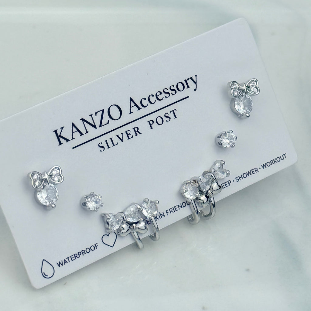 Crystal Bow 3-Pair Stud Earring Set