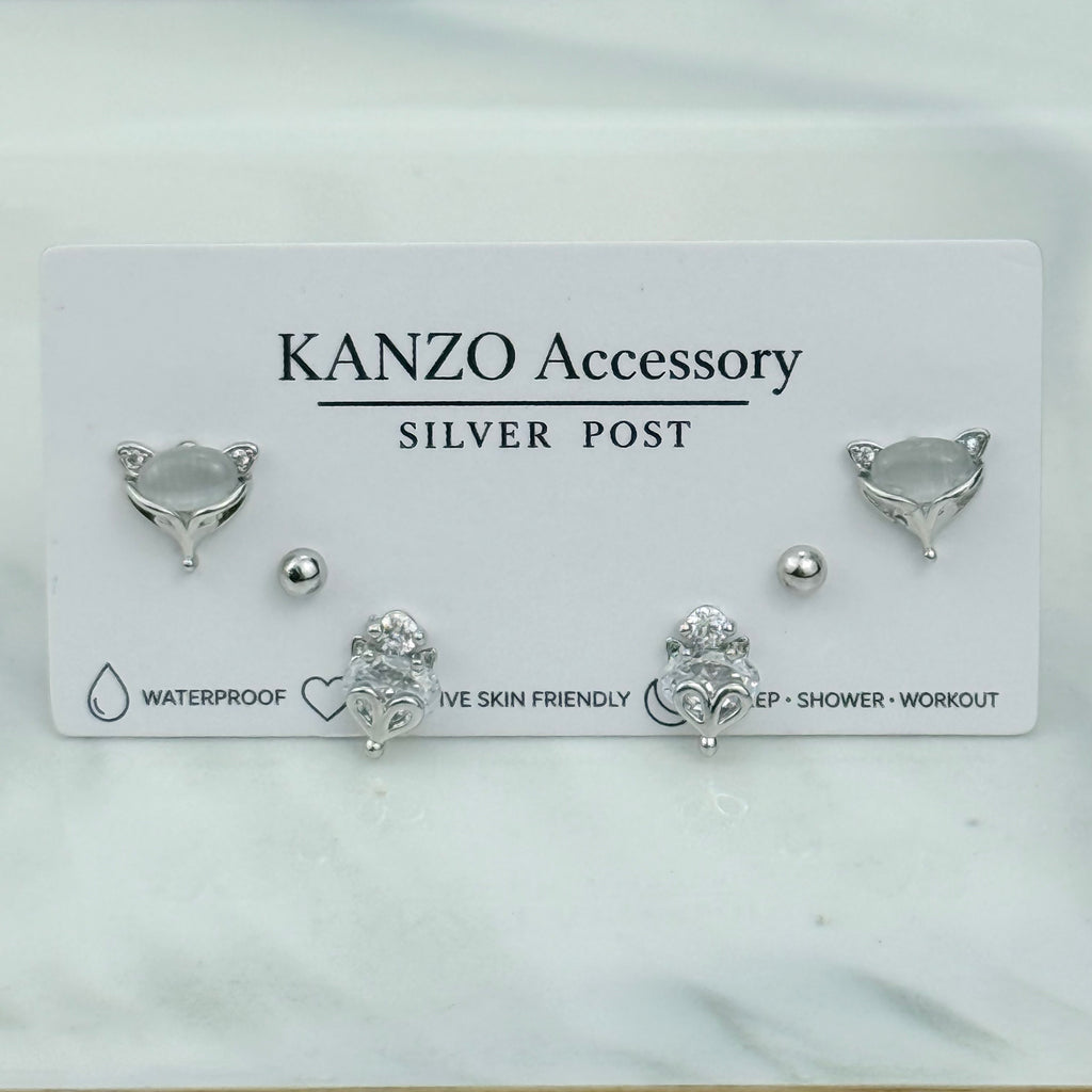 Cat’s Eye Fox 3-Pair Stud Earring Set (Silver）