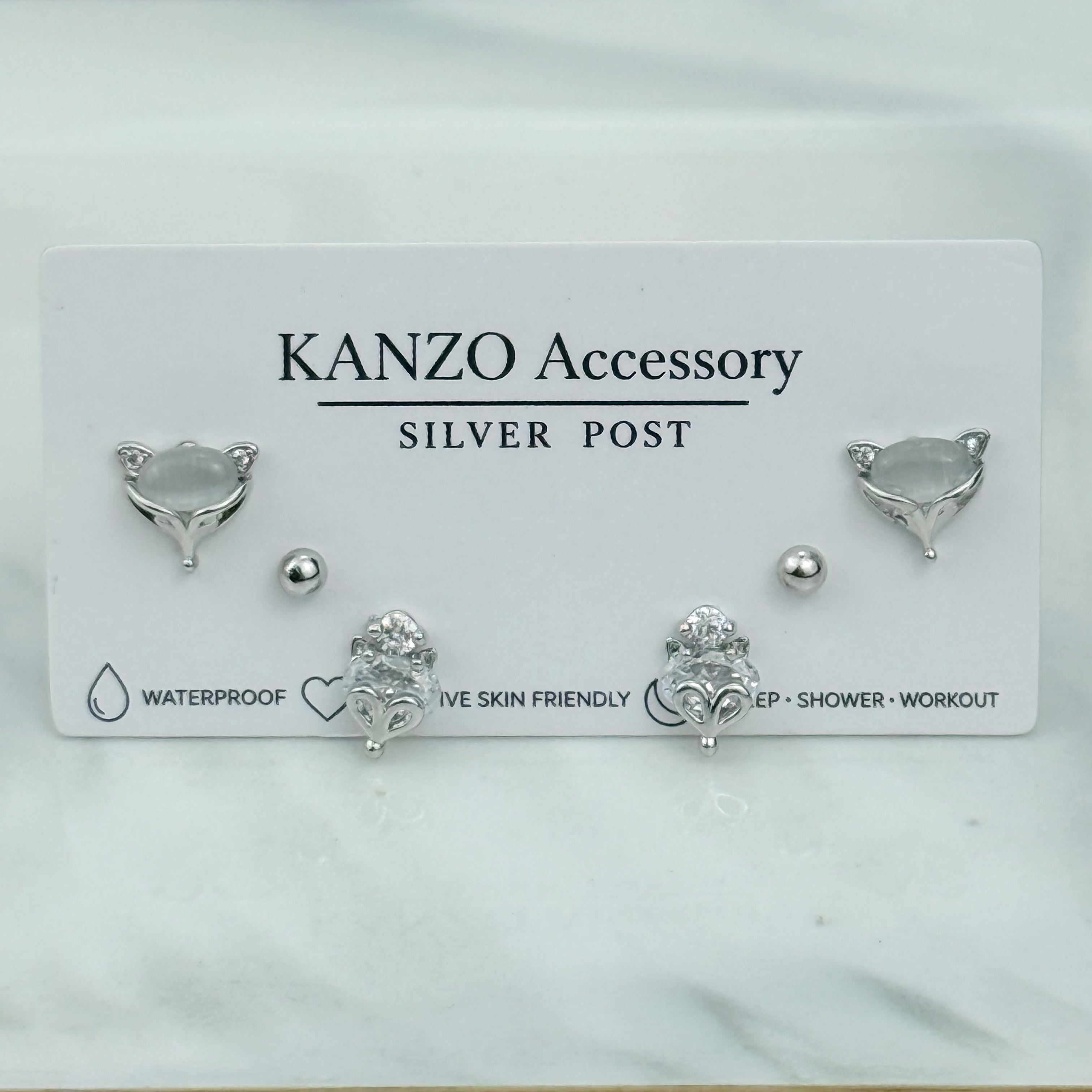 Cat’s Eye Fox 3-Pair Stud Earring Set (Silver）